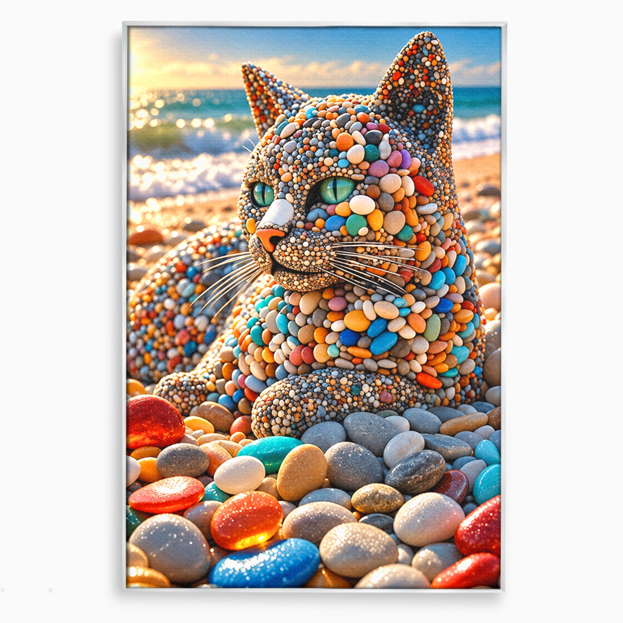 Tablou Canvas Premium LuxCanva® U1219, Pisica Din Pietricele, Pisica, Plaja, Pietre, Animale, Living, Culori Vibrante