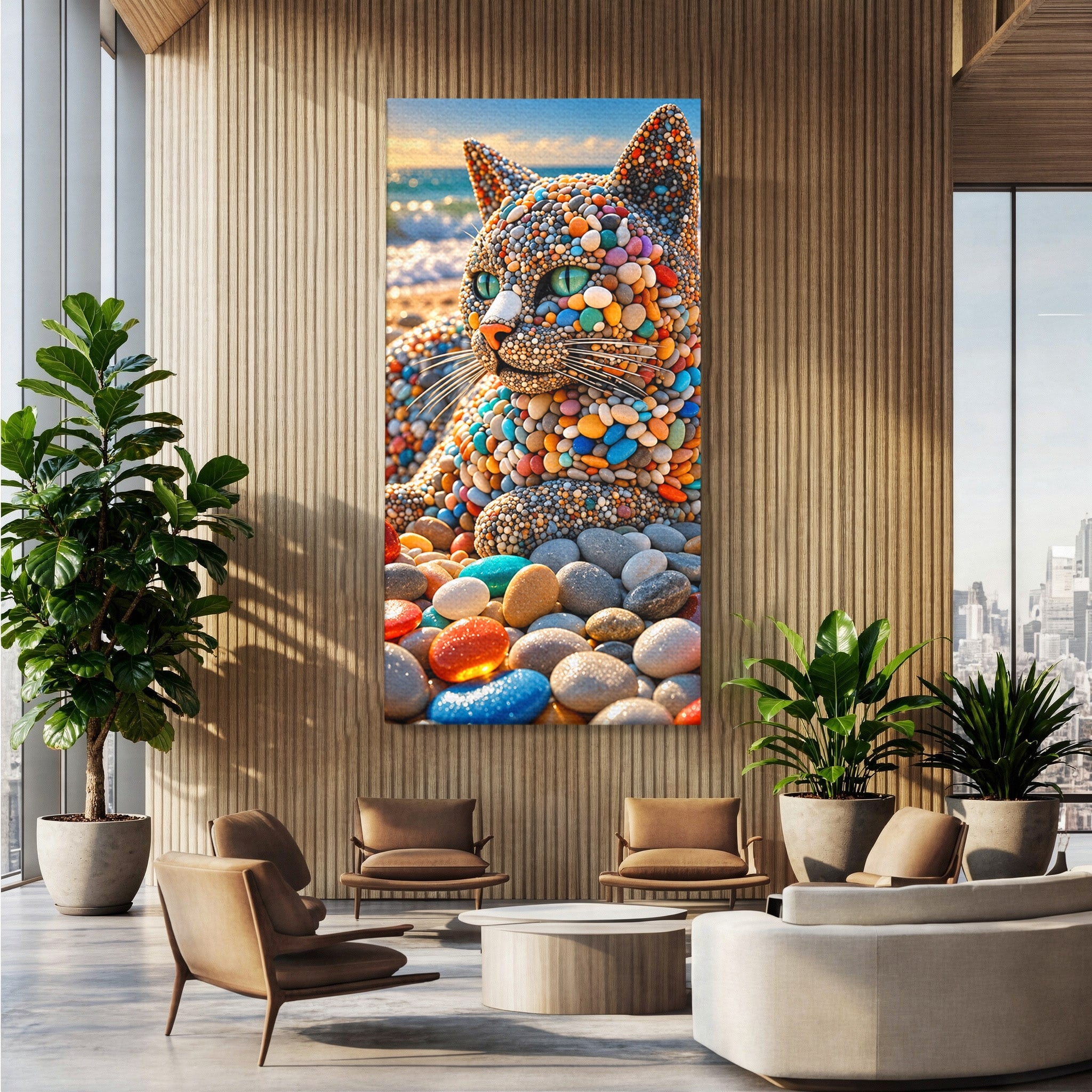 Tablou Canvas Premium LuxCanva® U1219, Pisica Din Pietricele, Pisica, Plaja, Pietre, Animale, Living, Culori Vibrante