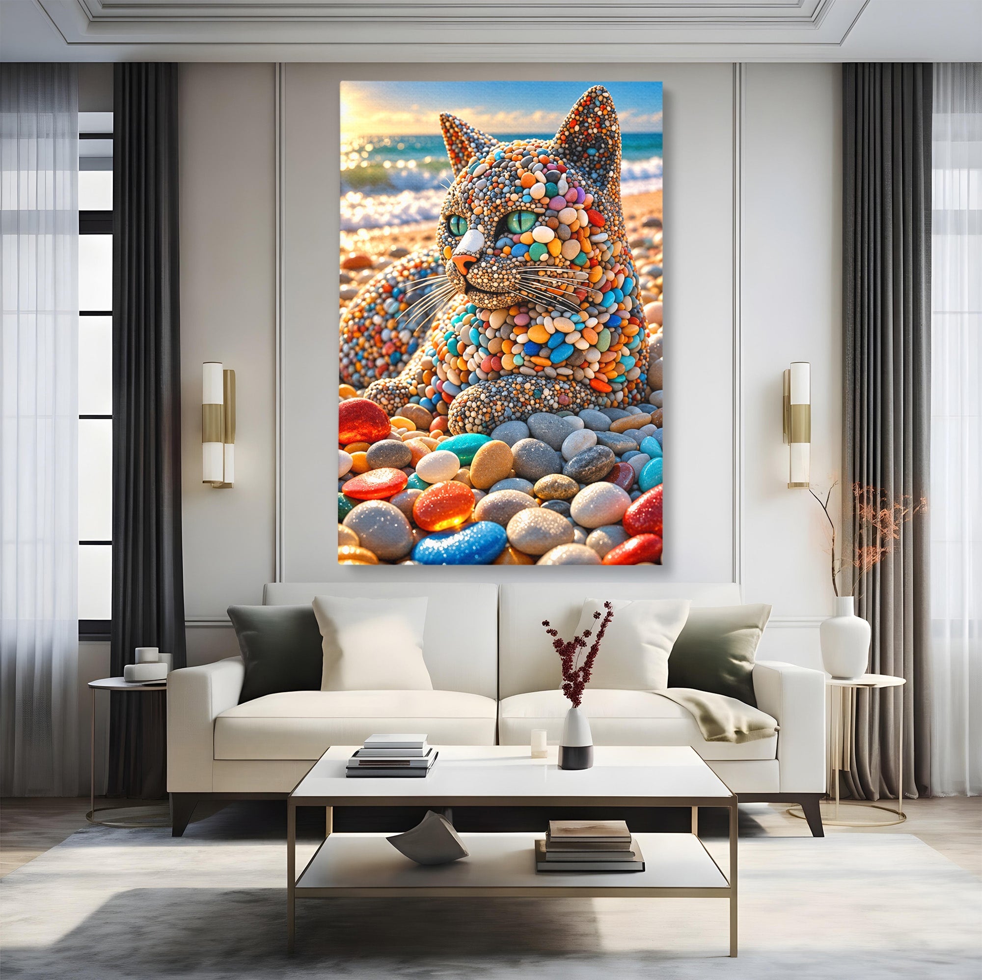 Tablou Canvas Premium LuxCanva® U1219, Pisica Din Pietricele, Pisica, Plaja, Pietre, Animale, Living, Culori Vibrante