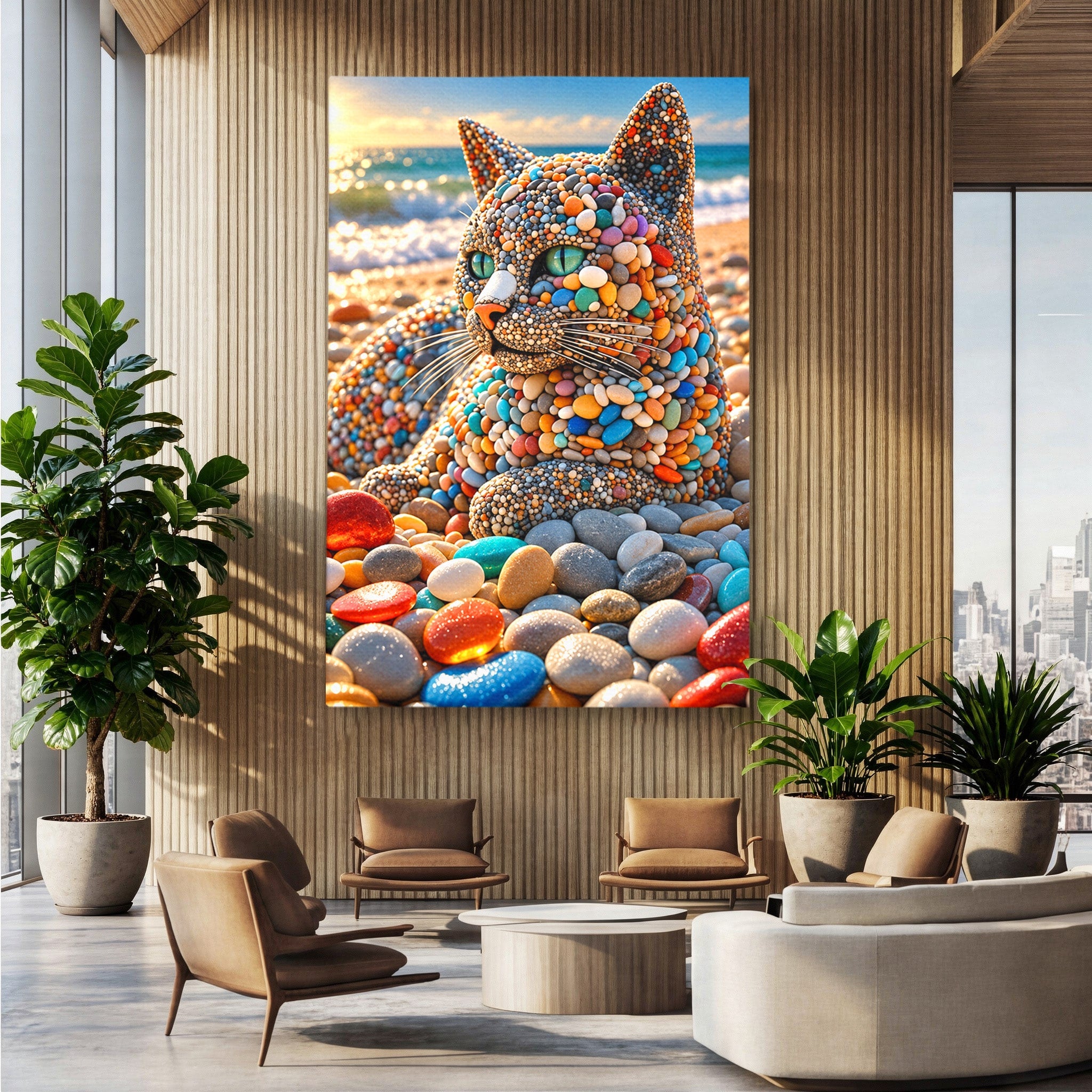 Tablou Canvas Premium LuxCanva® U1219, Pisica Din Pietricele, Pisica, Plaja, Pietre, Animale, Living, Culori Vibrante