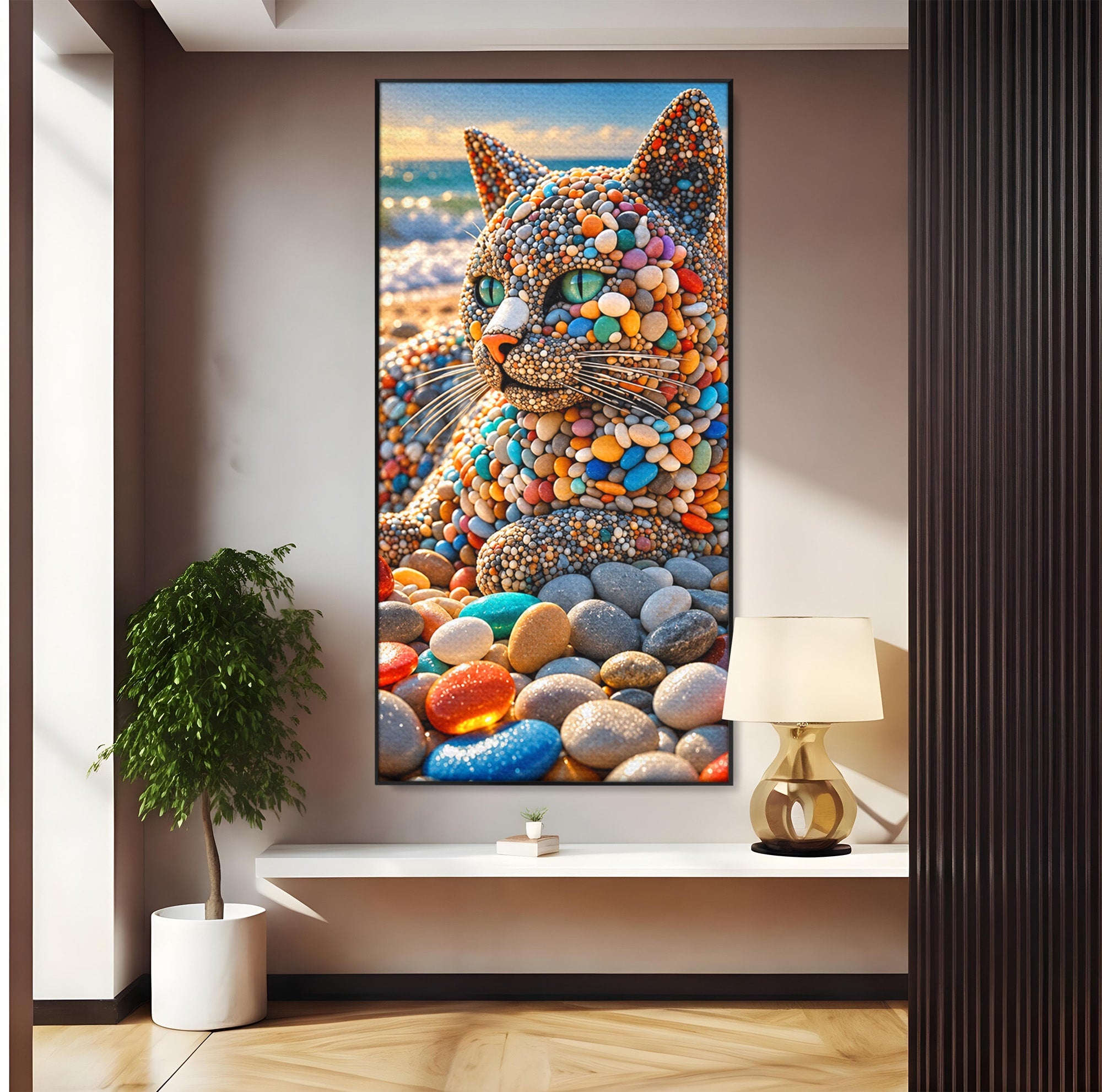 Tablou Canvas Premium LuxCanva® U1219, Pisica Din Pietricele, Pisica, Plaja, Pietre, Animale, Living, Culori Vibrante