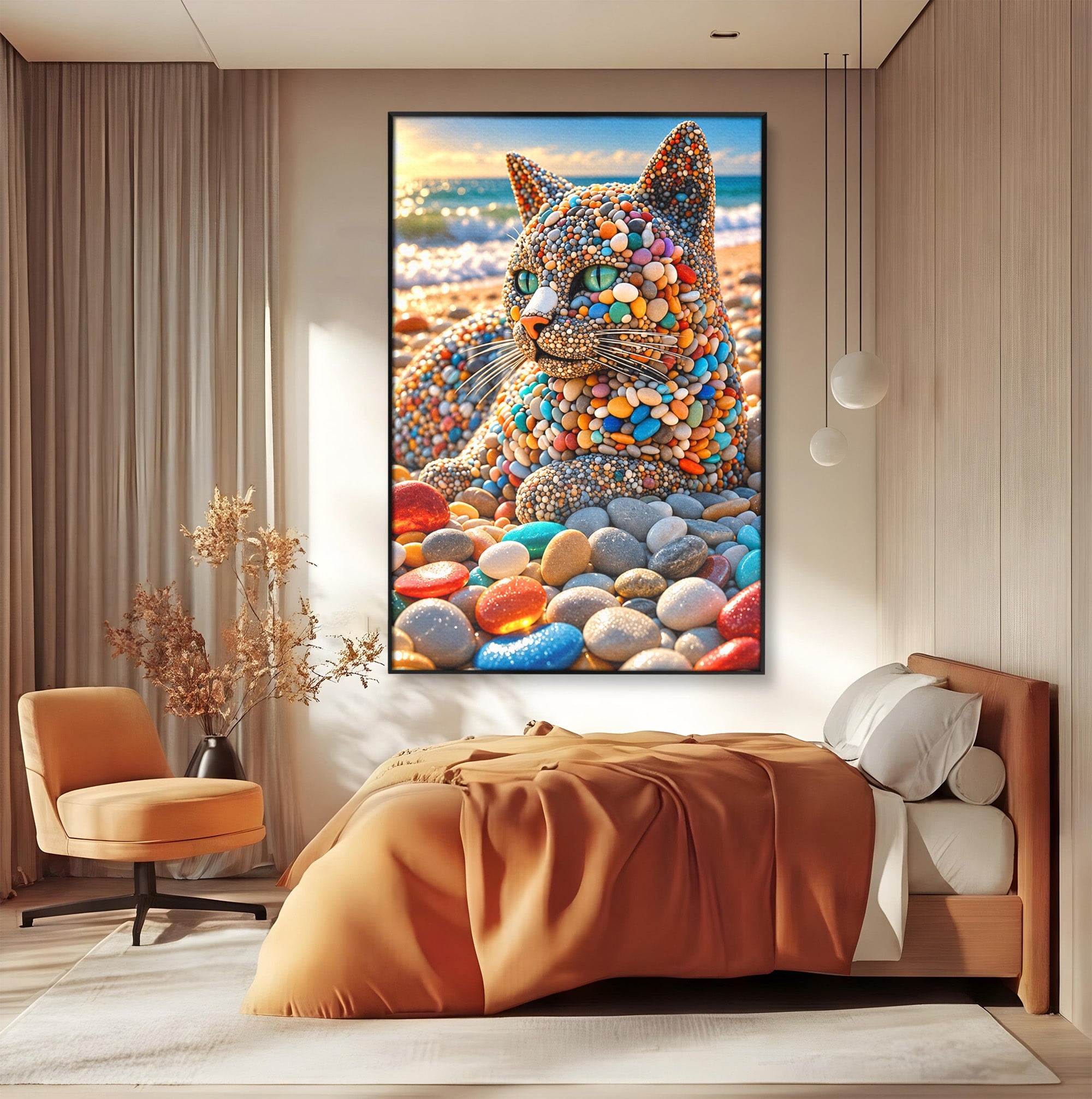 Tablou Canvas Premium LuxCanva® U1219, Pisica Din Pietricele, Pisica, Plaja, Pietre, Animale, Living, Culori Vibrante