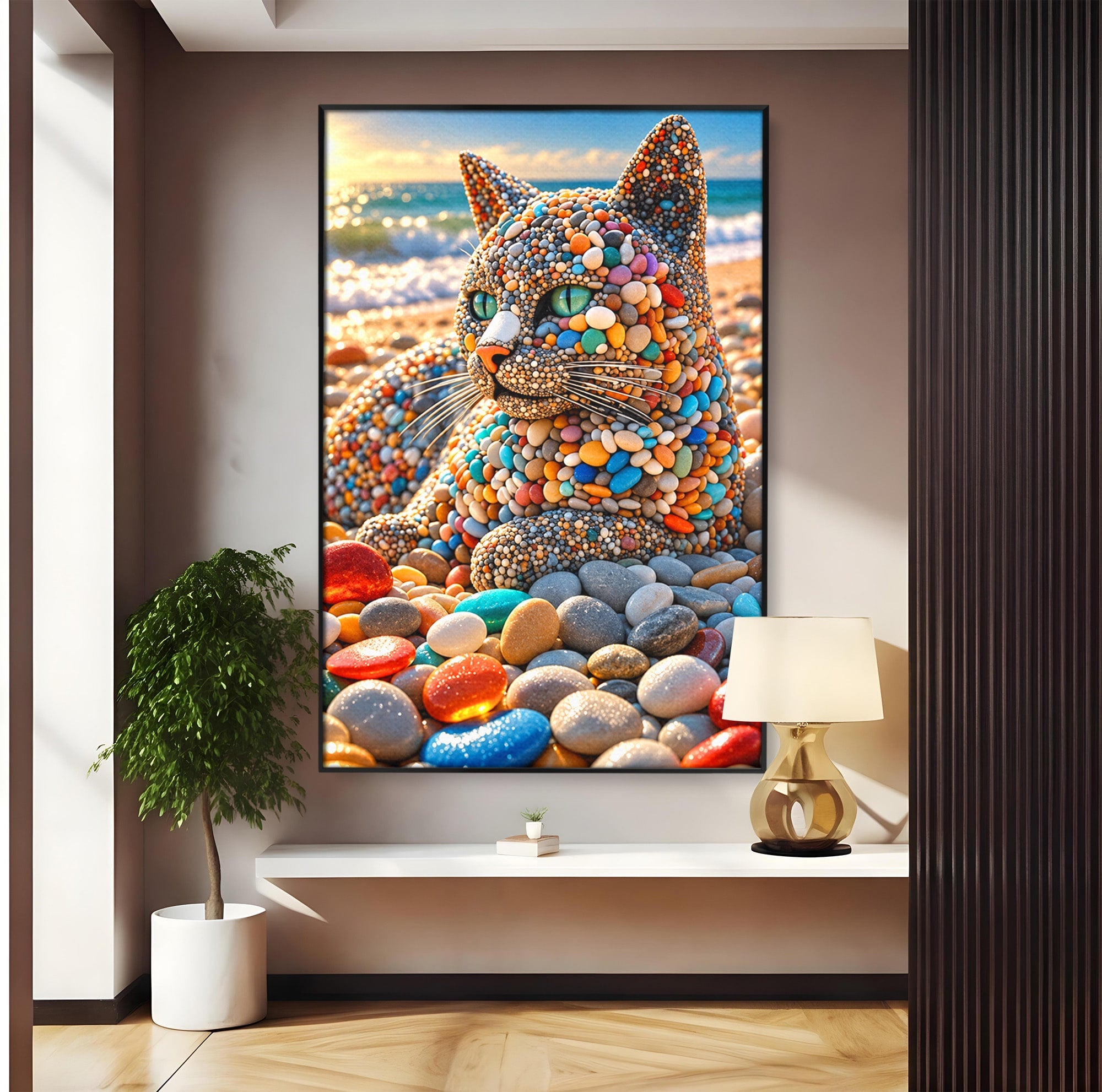Tablou Canvas Premium LuxCanva® U1219, Pisica Din Pietricele, Pisica, Plaja, Pietre, Animale, Living, Culori Vibrante
