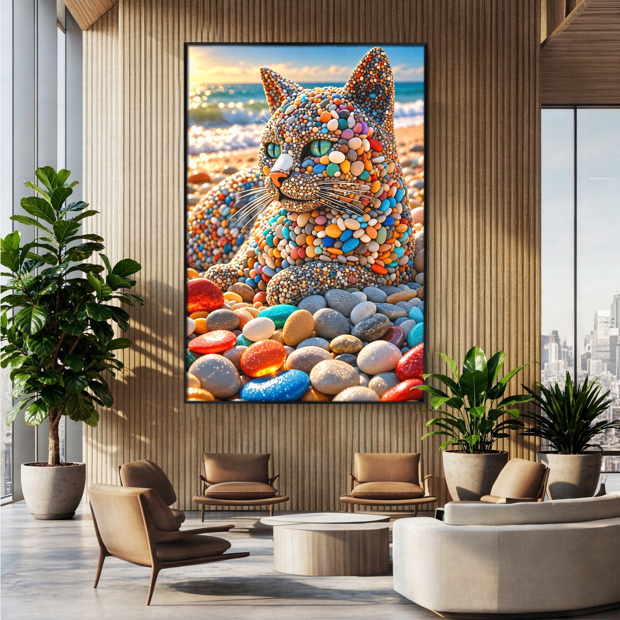 Tablou Canvas Premium LuxCanva® U1219, Pisica Din Pietricele, Pisica, Plaja, Pietre, Animale, Living, Culori Vibrante