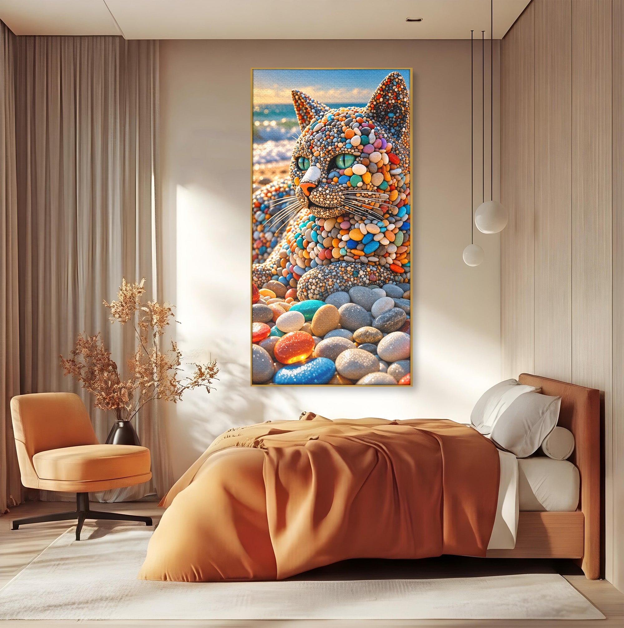 Tablou Canvas Premium LuxCanva® U1219, Pisica Din Pietricele, Pisica, Plaja, Pietre, Animale, Living, Culori Vibrante