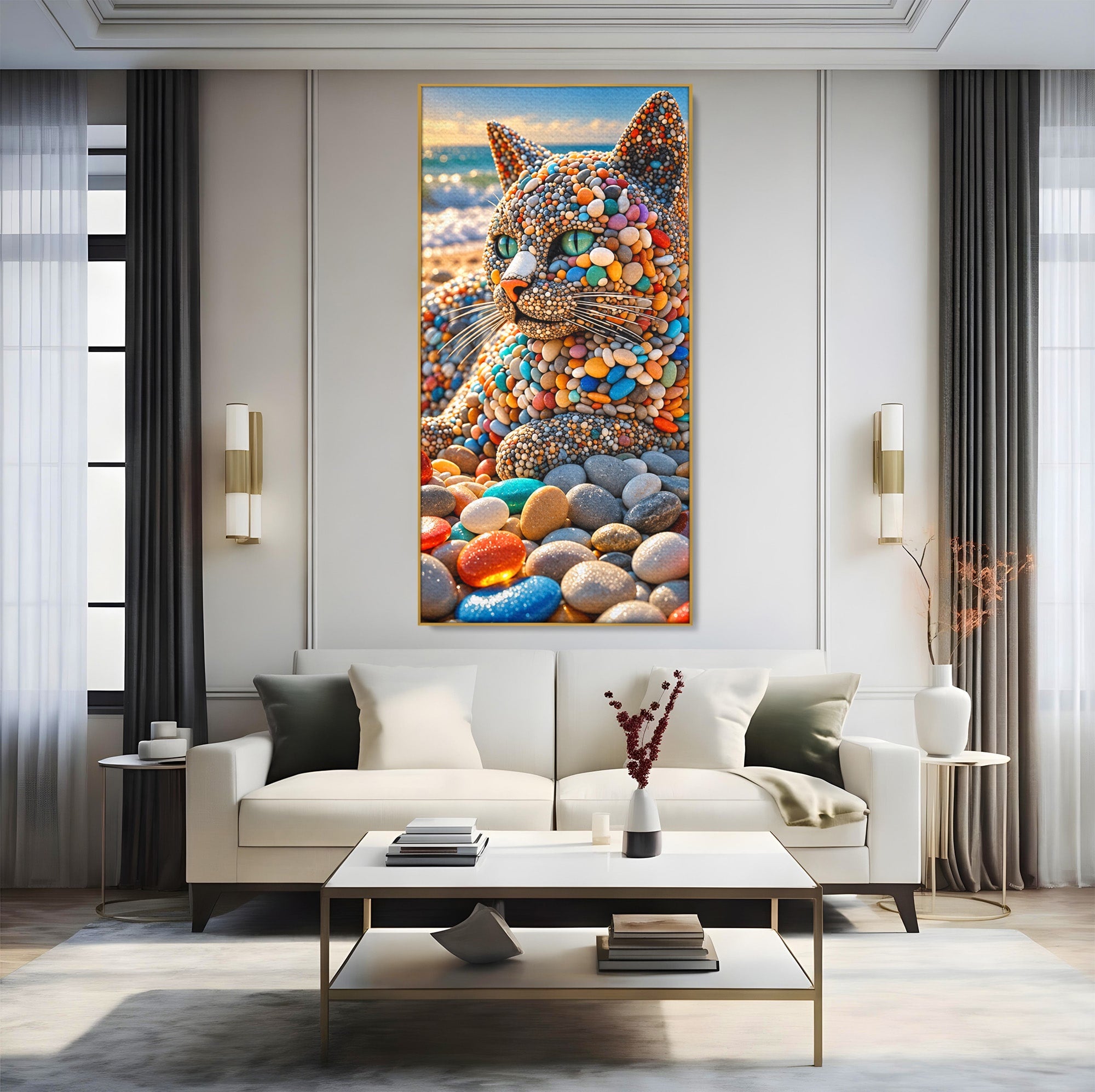 Tablou Canvas Premium LuxCanva® U1219, Pisica Din Pietricele, Pisica, Plaja, Pietre, Animale, Living, Culori Vibrante