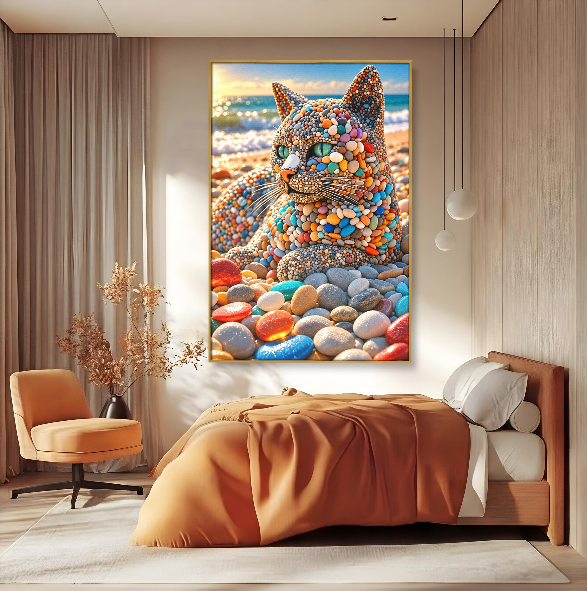 Tablou Canvas Premium LuxCanva® U1219, Pisica Din Pietricele, Pisica, Plaja, Pietre, Animale, Living, Culori Vibrante