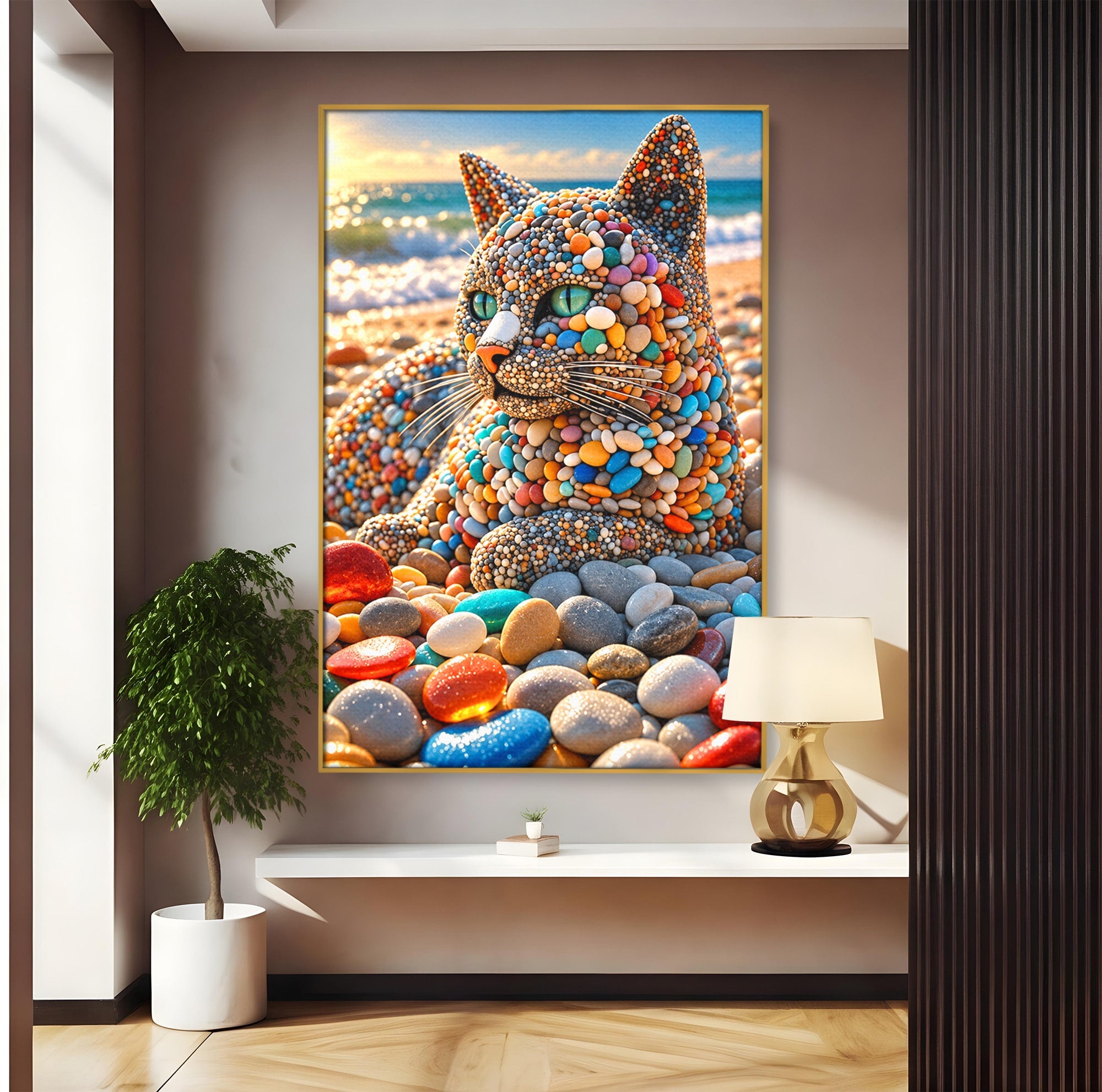 Tablou Canvas Premium LuxCanva® U1219, Pisica Din Pietricele, Pisica, Plaja, Pietre, Animale, Living, Culori Vibrante