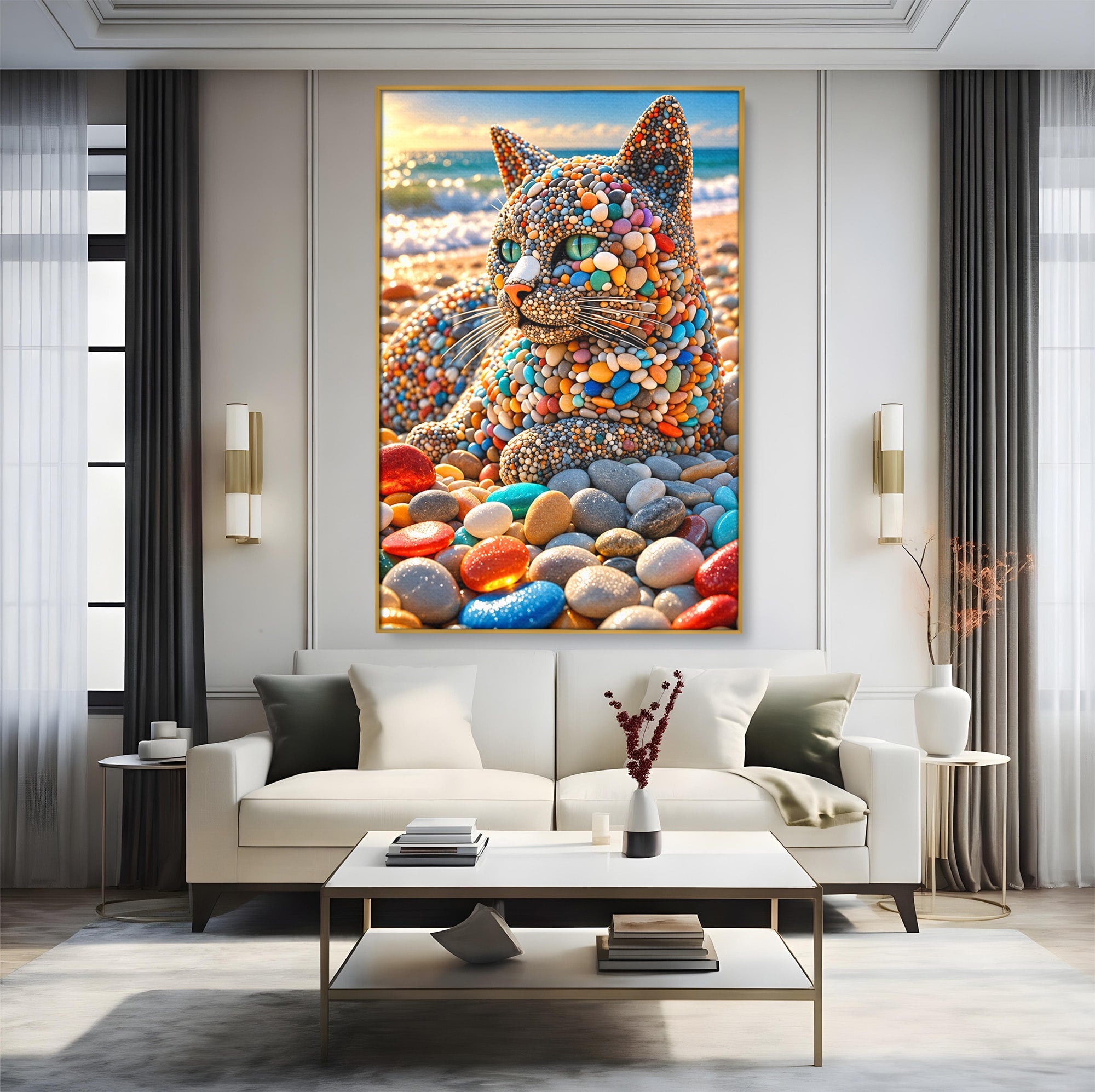 Tablou Canvas Premium LuxCanva® U1219, Pisica Din Pietricele, Pisica, Plaja, Pietre, Animale, Living, Culori Vibrante