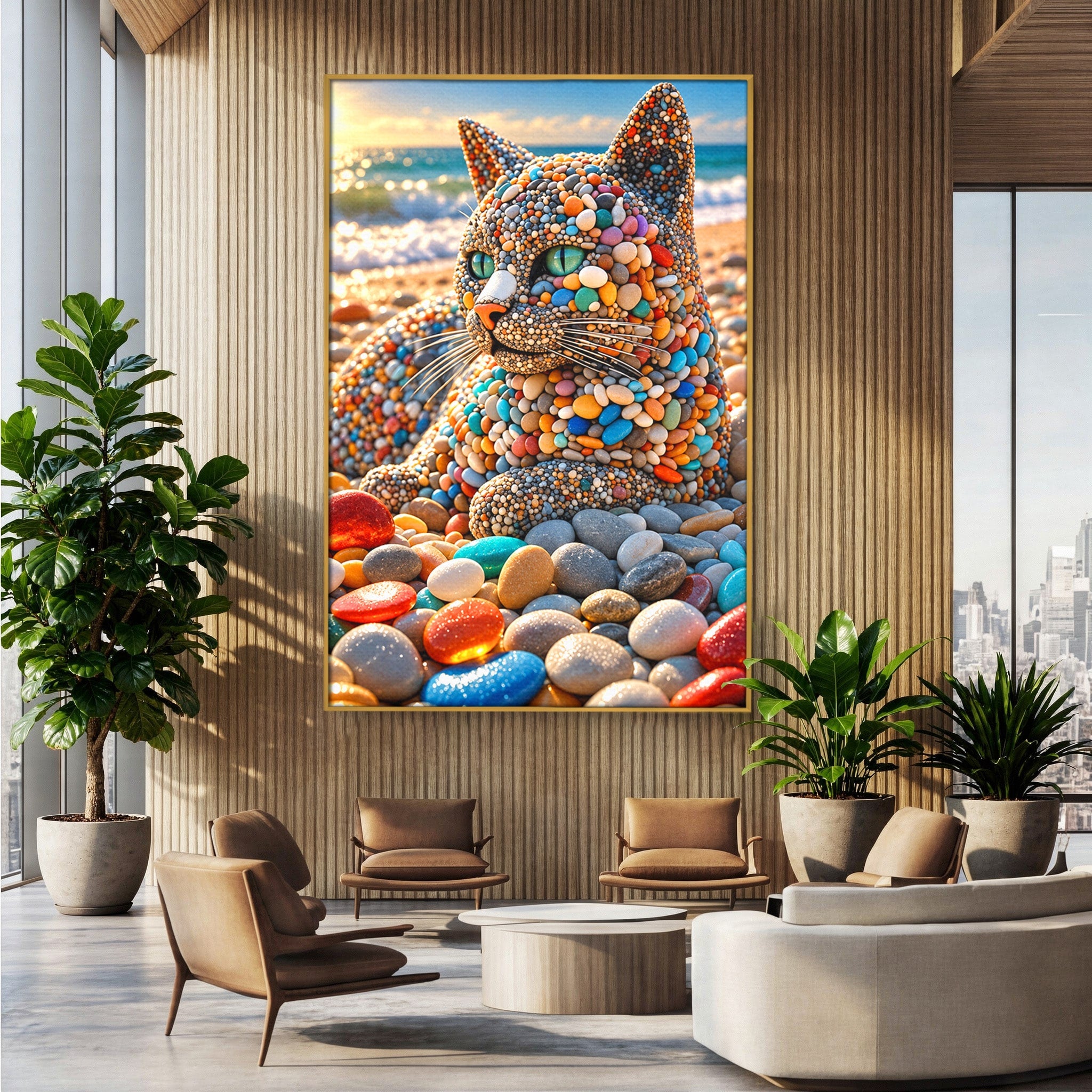 Tablou Canvas Premium LuxCanva® U1219, Pisica Din Pietricele, Pisica, Plaja, Pietre, Animale, Living, Culori Vibrante