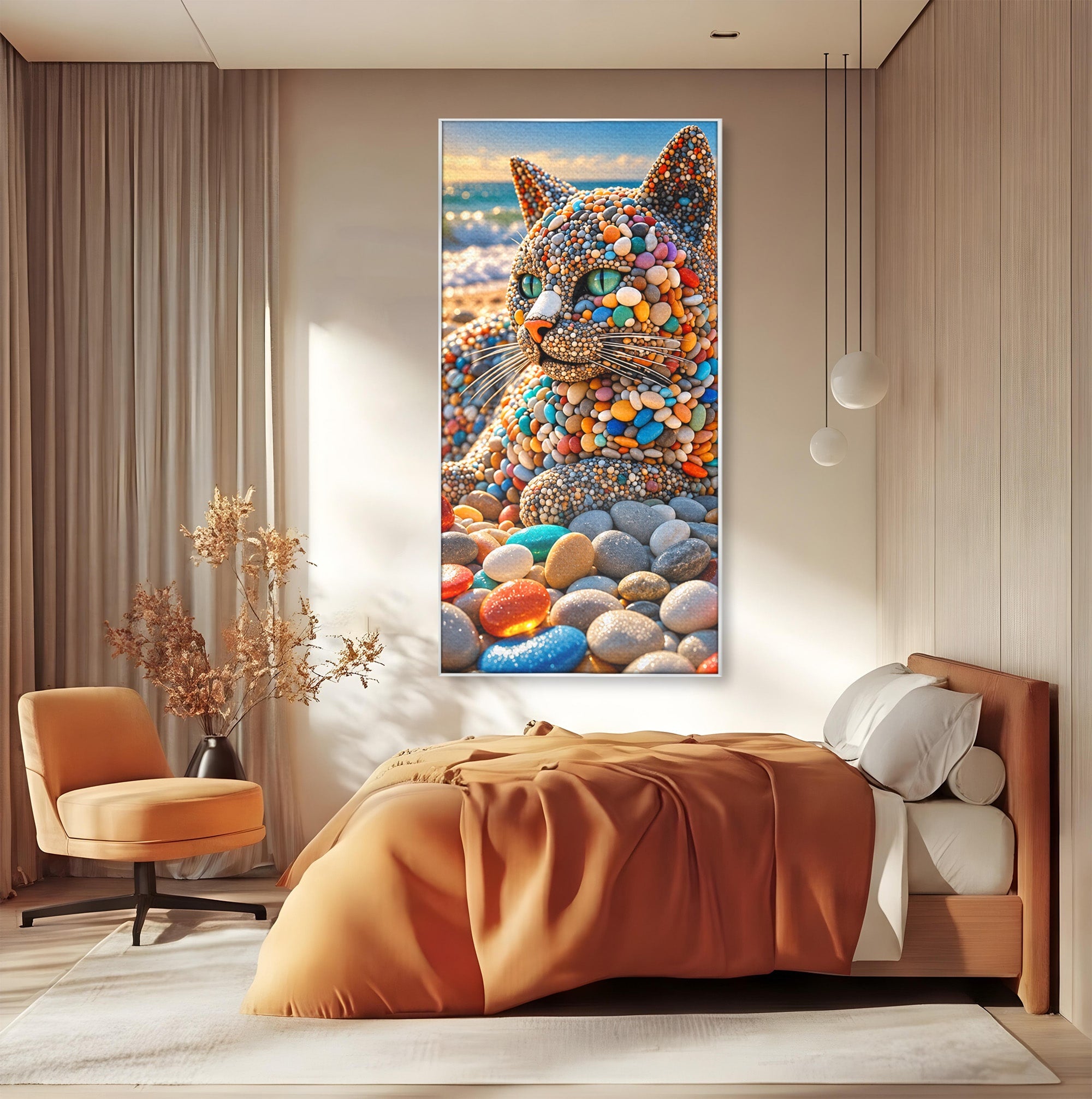 Tablou Canvas Premium LuxCanva® U1219, Pisica Din Pietricele, Pisica, Plaja, Pietre, Animale, Living, Culori Vibrante