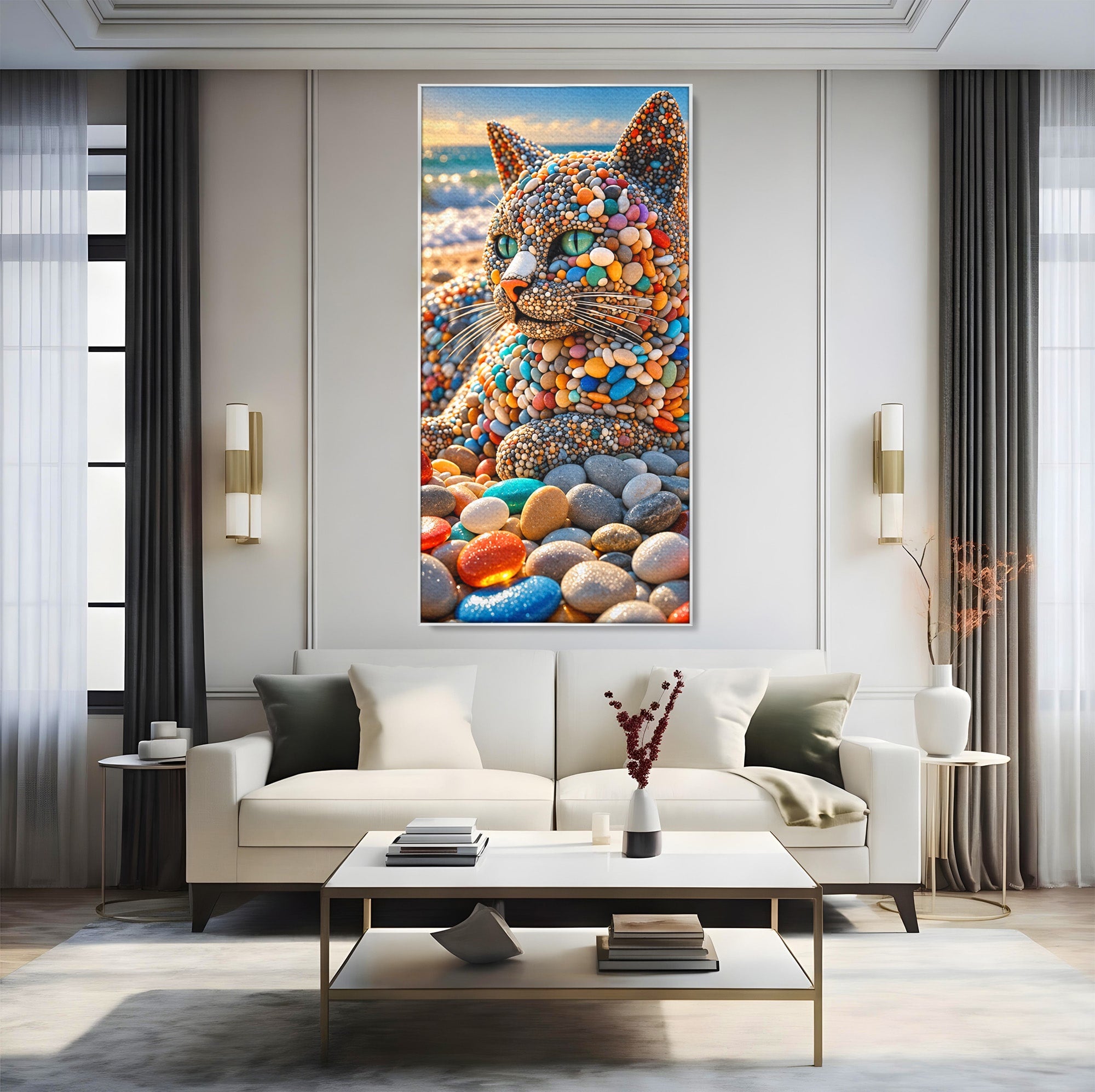 Tablou Canvas Premium LuxCanva® U1219, Pisica Din Pietricele, Pisica, Plaja, Pietre, Animale, Living, Culori Vibrante