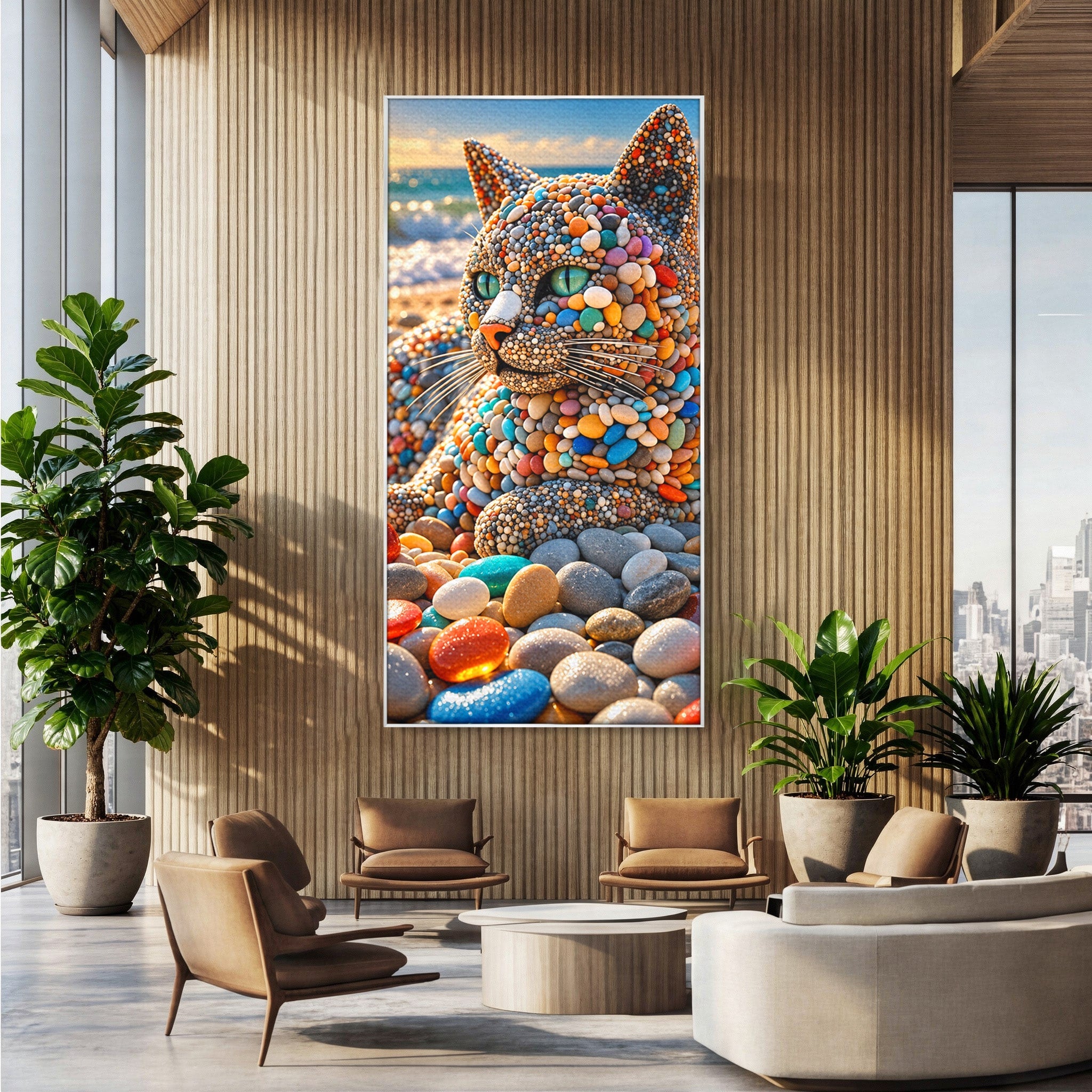 Tablou Canvas Premium LuxCanva® U1219, Pisica Din Pietricele, Pisica, Plaja, Pietre, Animale, Living, Culori Vibrante