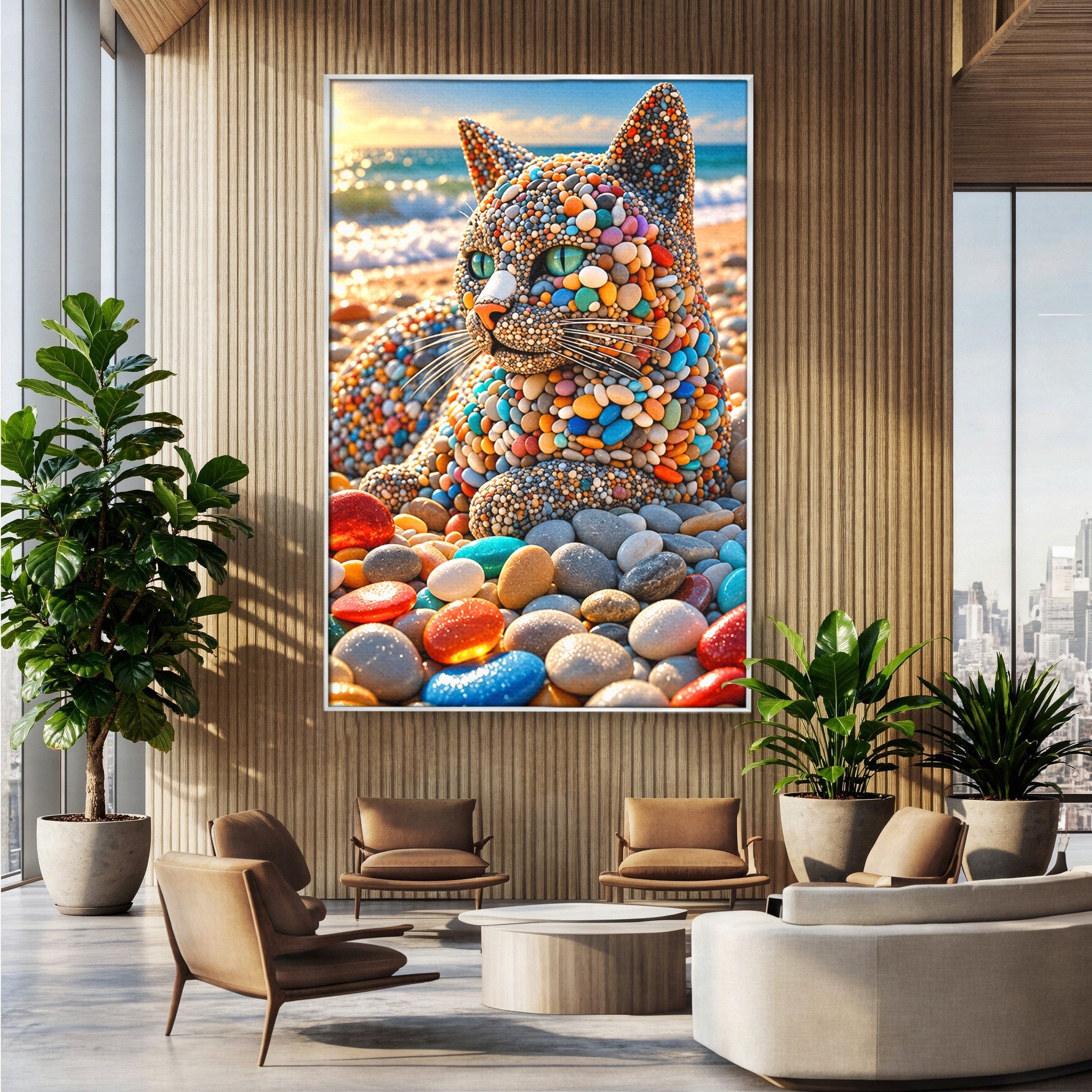 Tablou Canvas Premium LuxCanva® U1219, Pisica Din Pietricele, Pisica, Plaja, Pietre, Animale, Living, Culori Vibrante