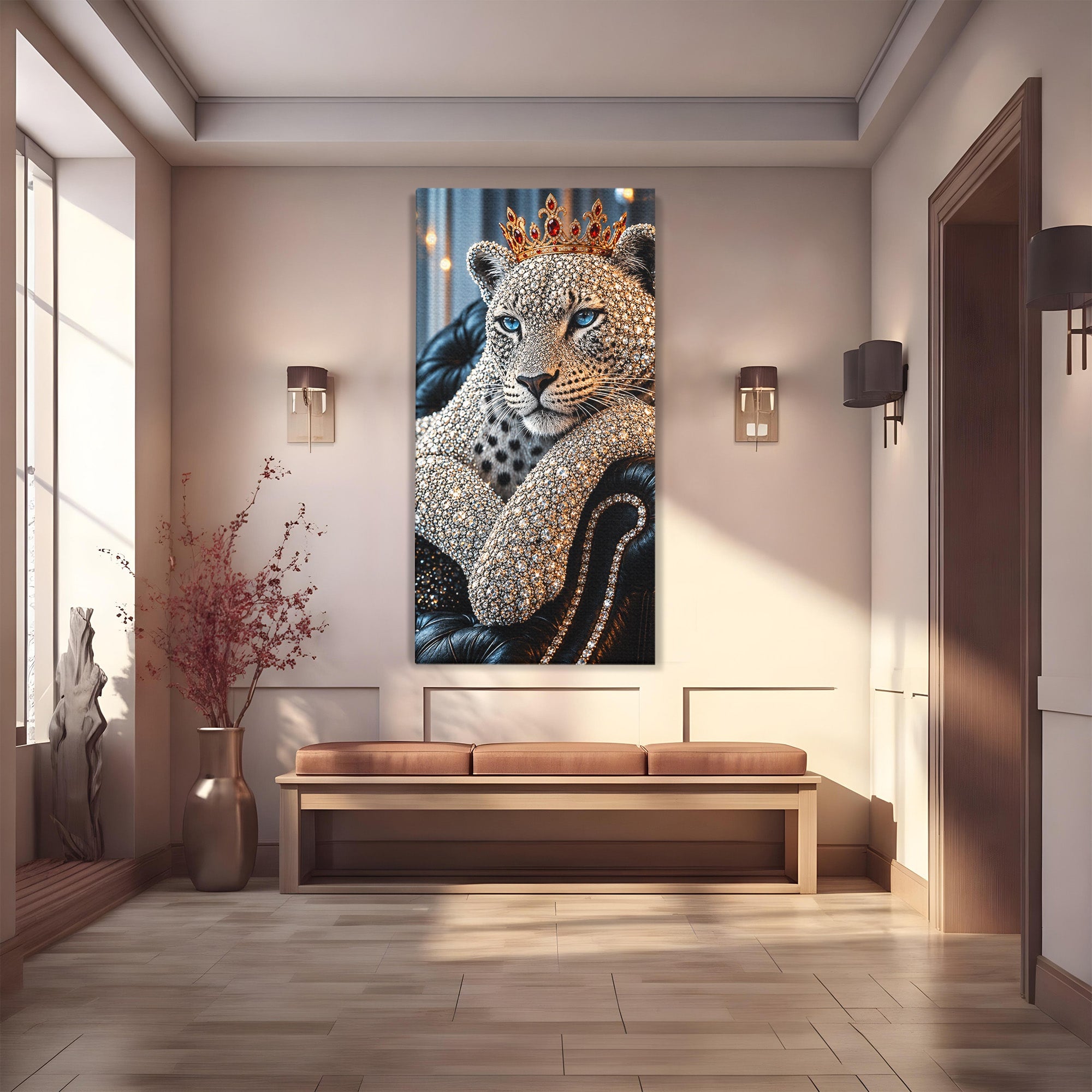 Tablou Canvas Premium LuxCanva® U1220, Majestatea Leopardului, Bijuterii, Coroana, Lux,  Leopard, Dormitor, Culori Vibrante