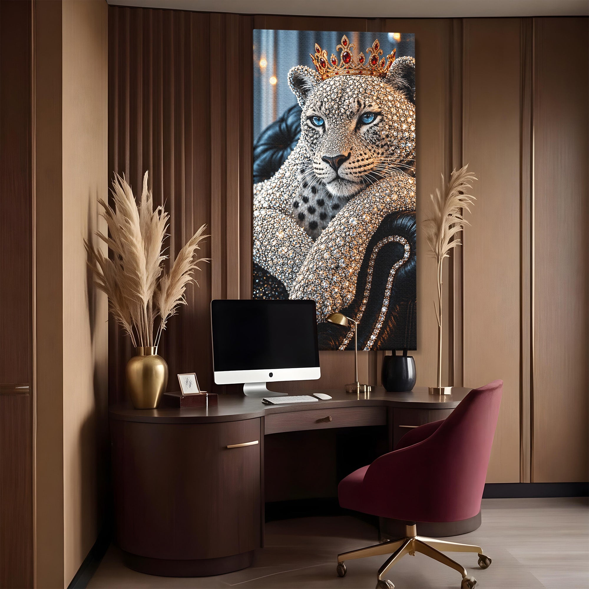 Tablou Canvas Premium LuxCanva® U1220, Majestatea Leopardului, Bijuterii, Coroana, Lux,  Leopard, Dormitor, Culori Vibrante