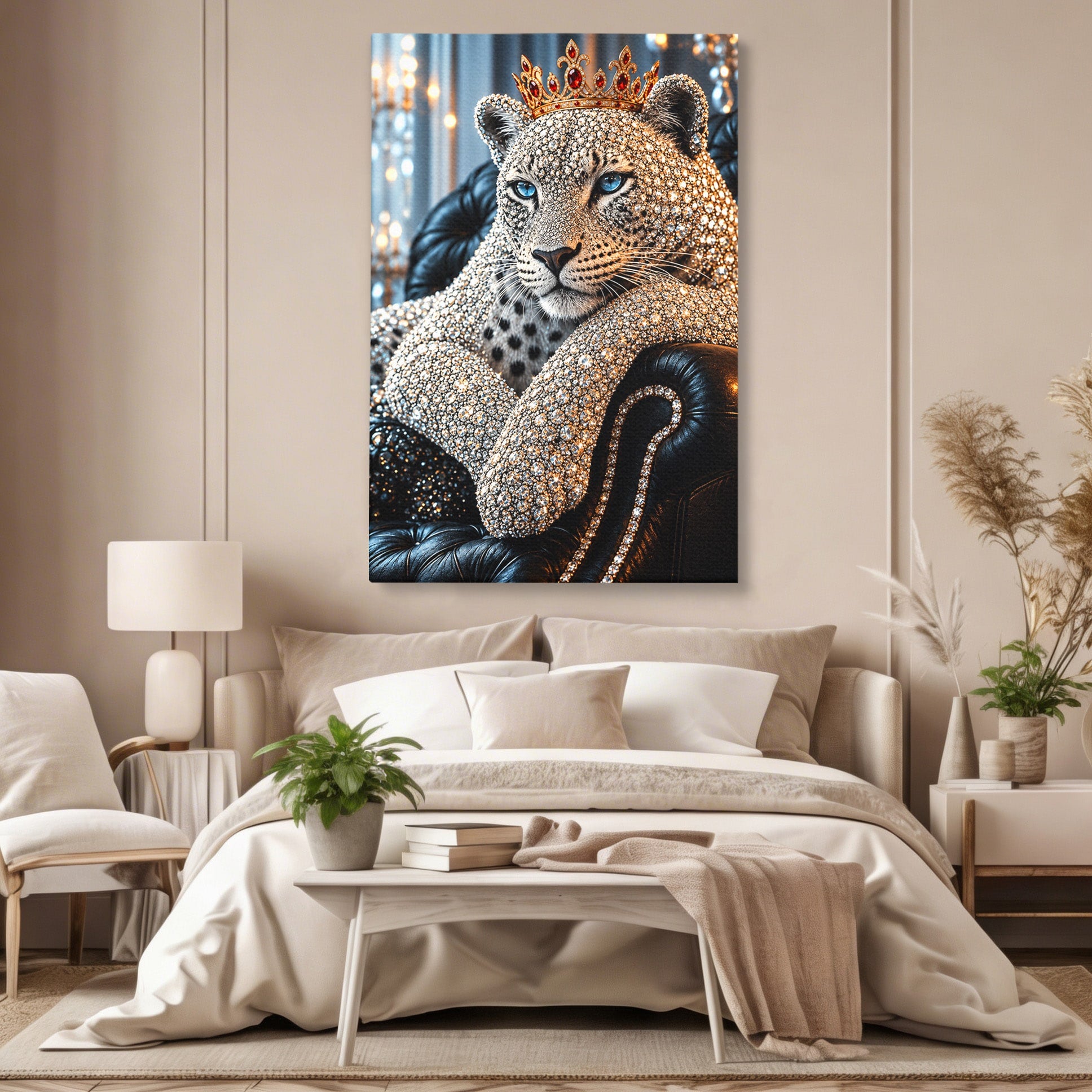 Tablou Canvas Premium LuxCanva® U1220, Majestatea Leopardului, Bijuterii, Coroana, Lux,  Leopard, Dormitor, Culori Vibrante