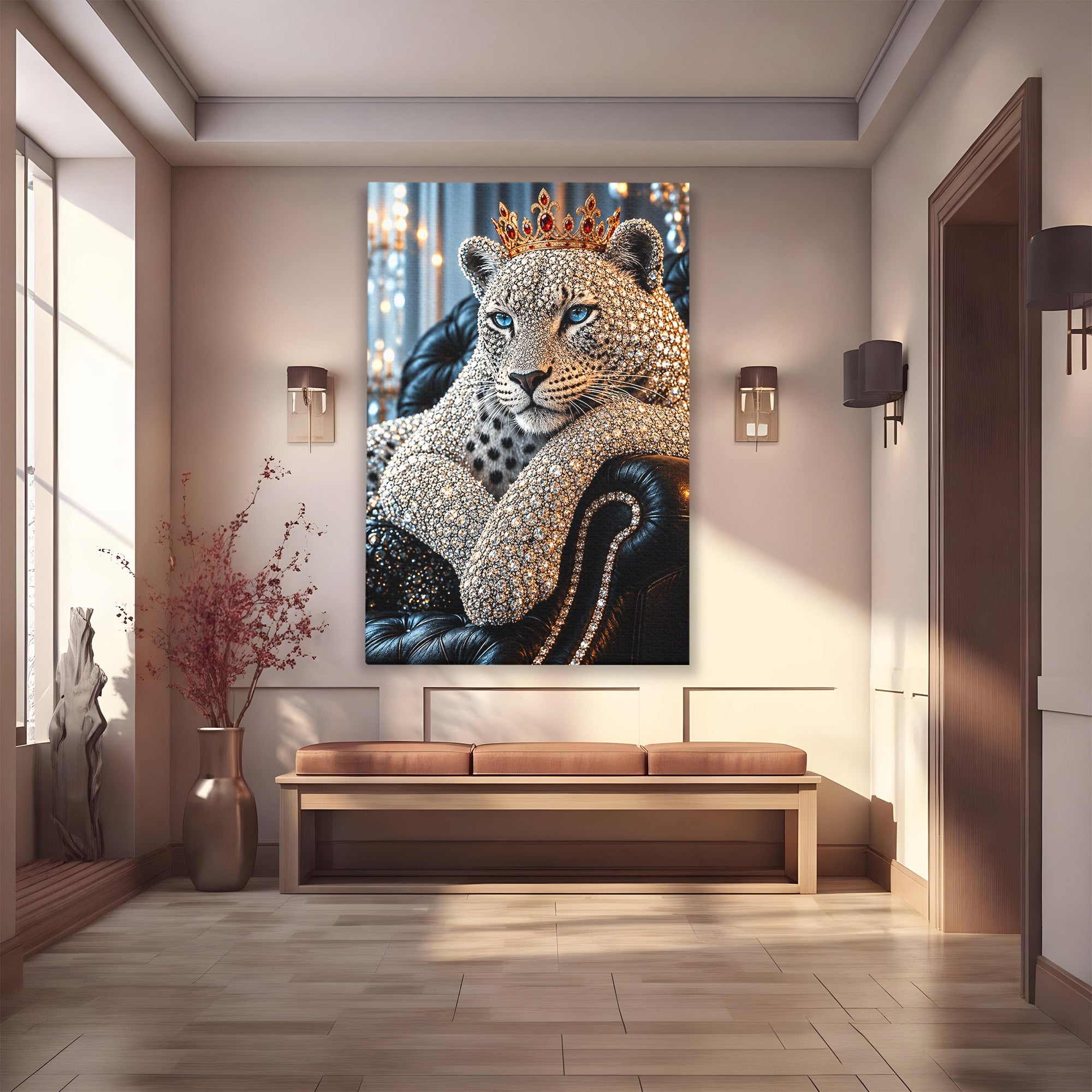 Tablou Canvas Premium LuxCanva® U1220, Majestatea Leopardului, Bijuterii, Coroana, Lux,  Leopard, Dormitor, Culori Vibrante