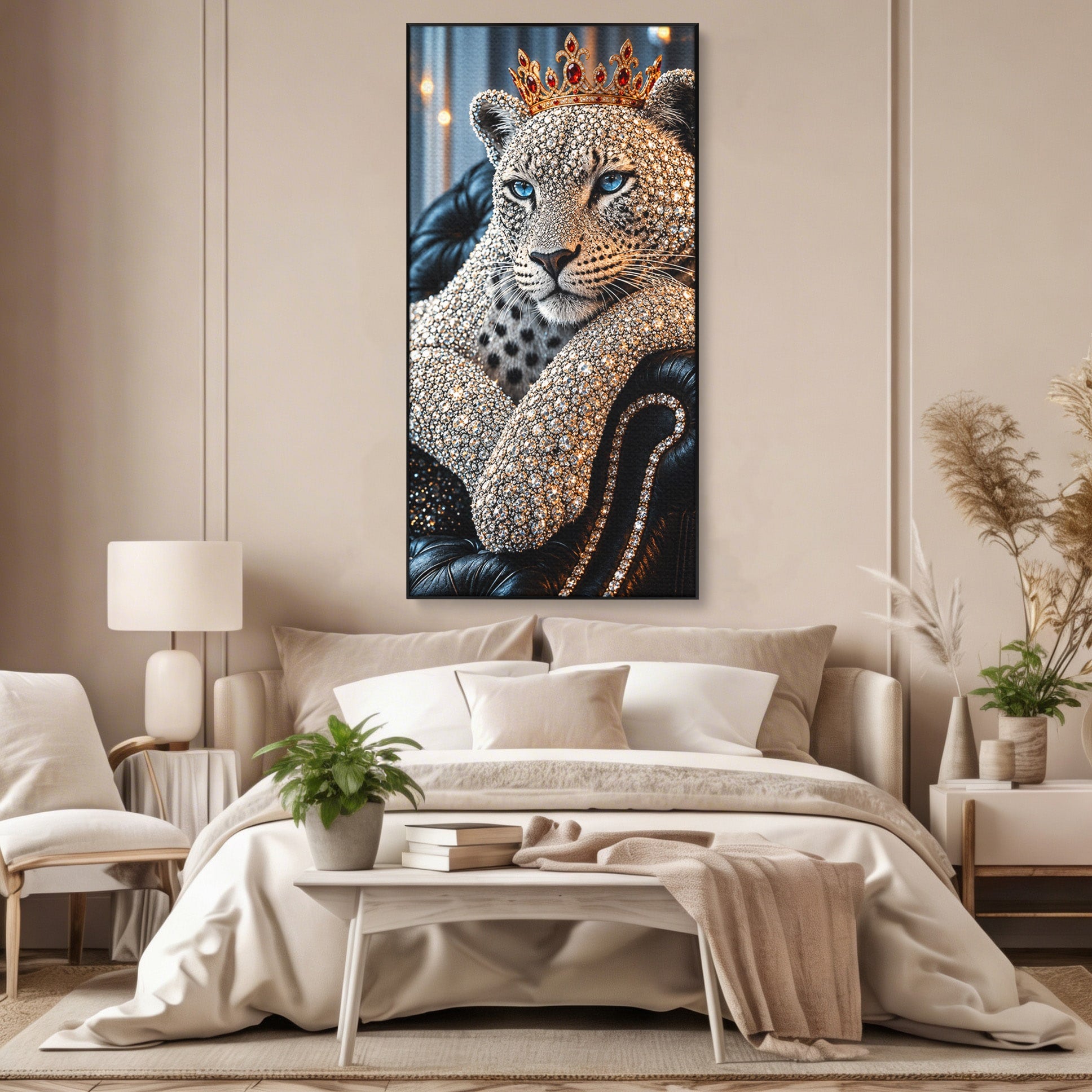 Tablou Canvas Premium LuxCanva® U1220, Majestatea Leopardului, Bijuterii, Coroana, Lux,  Leopard, Dormitor, Culori Vibrante