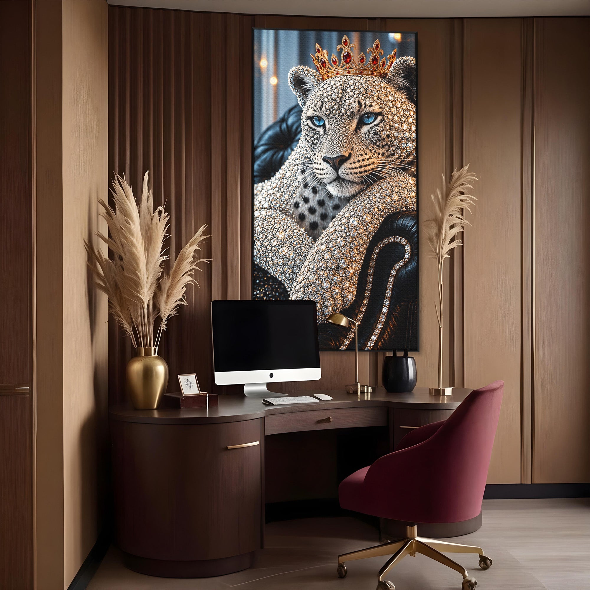 Tablou Canvas Premium LuxCanva® U1220, Majestatea Leopardului, Bijuterii, Coroana, Lux,  Leopard, Dormitor, Culori Vibrante