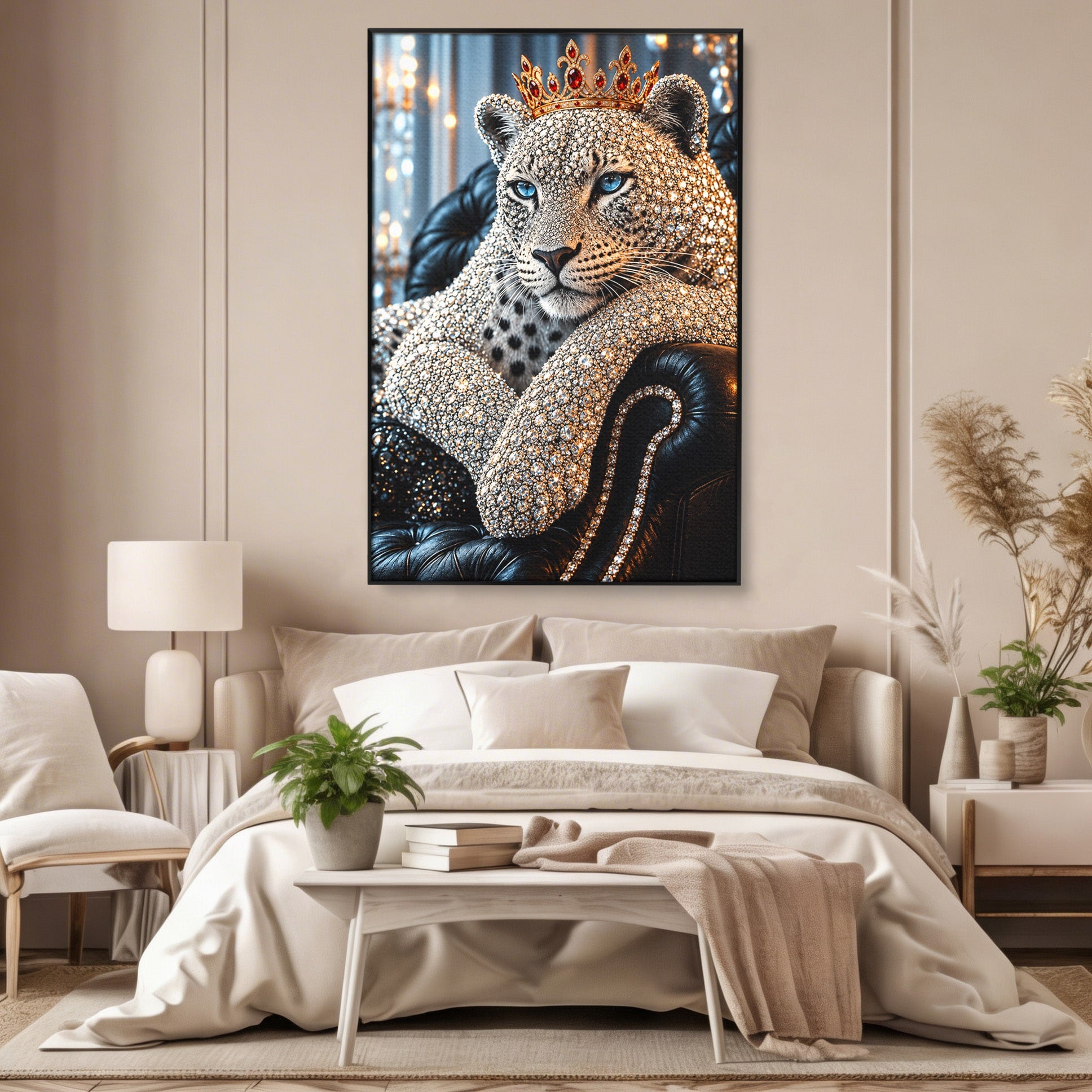 Tablou Canvas Premium LuxCanva® U1220, Majestatea Leopardului, Bijuterii, Coroana, Lux,  Leopard, Dormitor, Culori Vibrante