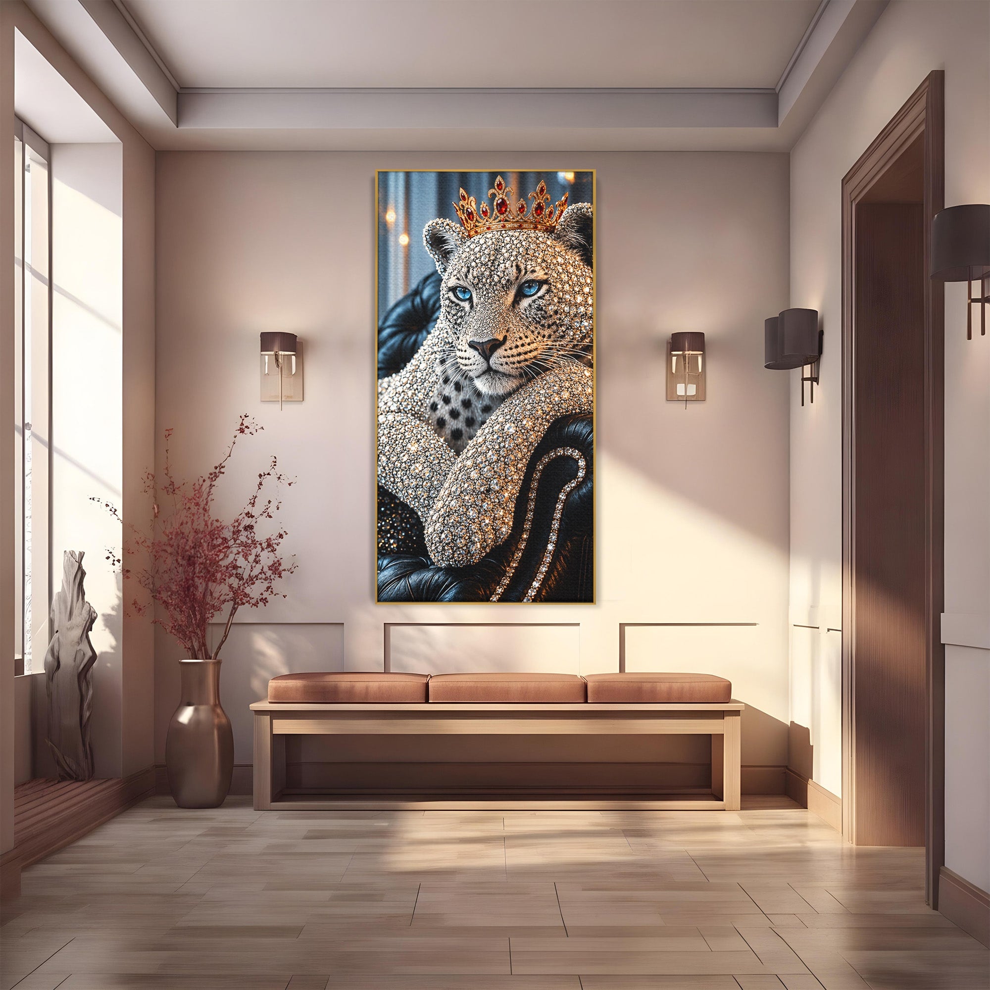 Tablou Canvas Premium LuxCanva® U1220, Majestatea Leopardului, Bijuterii, Coroana, Lux,  Leopard, Dormitor, Culori Vibrante