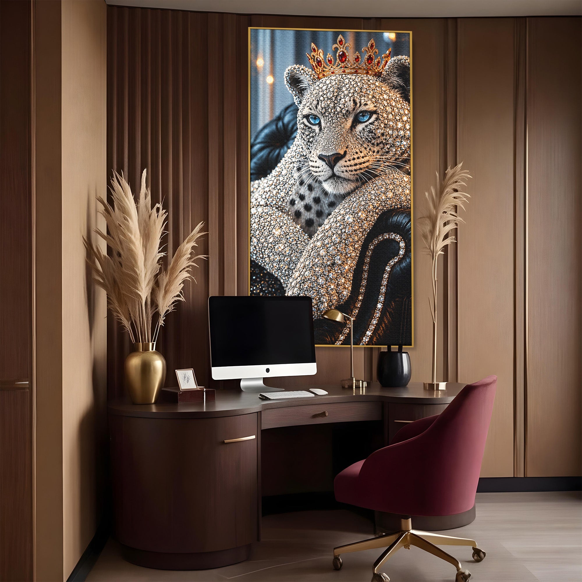 Tablou Canvas Premium LuxCanva® U1220, Majestatea Leopardului, Bijuterii, Coroana, Lux,  Leopard, Dormitor, Culori Vibrante