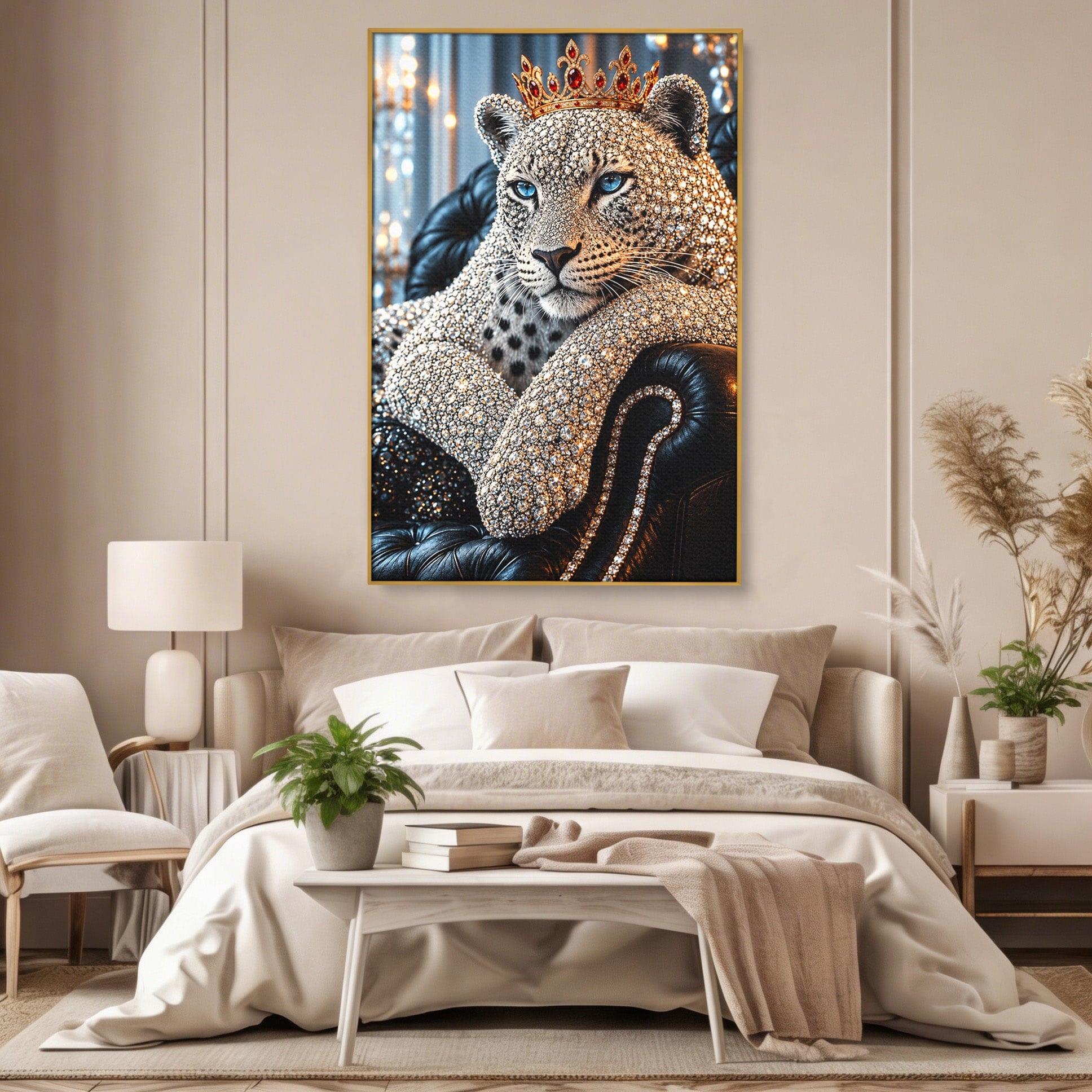 Tablou Canvas Premium LuxCanva® U1220, Majestatea Leopardului, Bijuterii, Coroana, Lux,  Leopard, Dormitor, Culori Vibrante