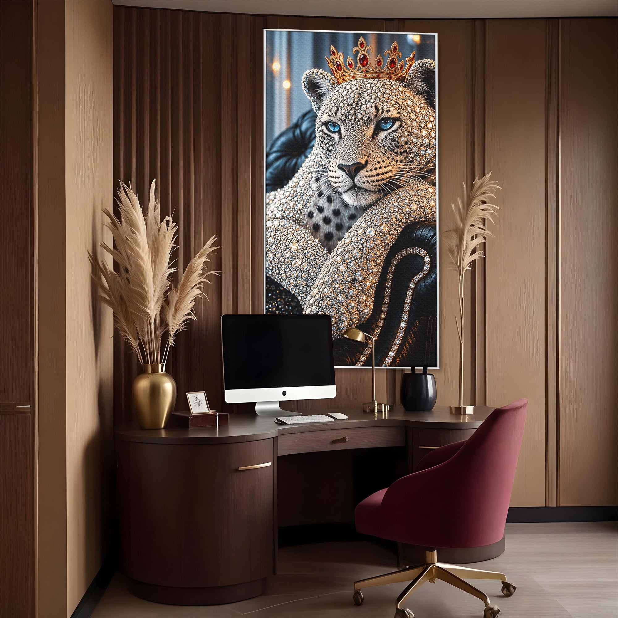 Tablou Canvas Premium LuxCanva® U1220, Majestatea Leopardului, Bijuterii, Coroana, Lux,  Leopard, Dormitor, Culori Vibrante