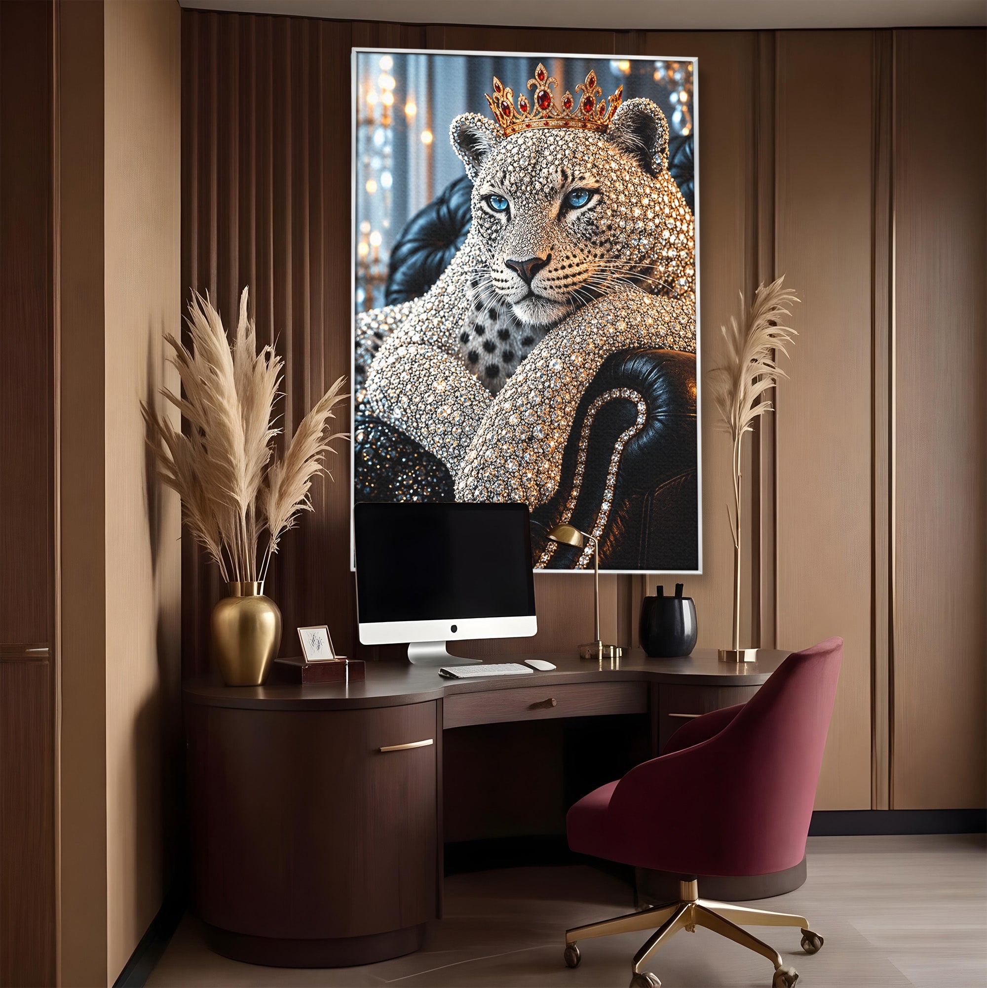 Tablou Canvas Premium LuxCanva® U1220, Majestatea Leopardului, Bijuterii, Coroana, Lux,  Leopard, Dormitor, Culori Vibrante