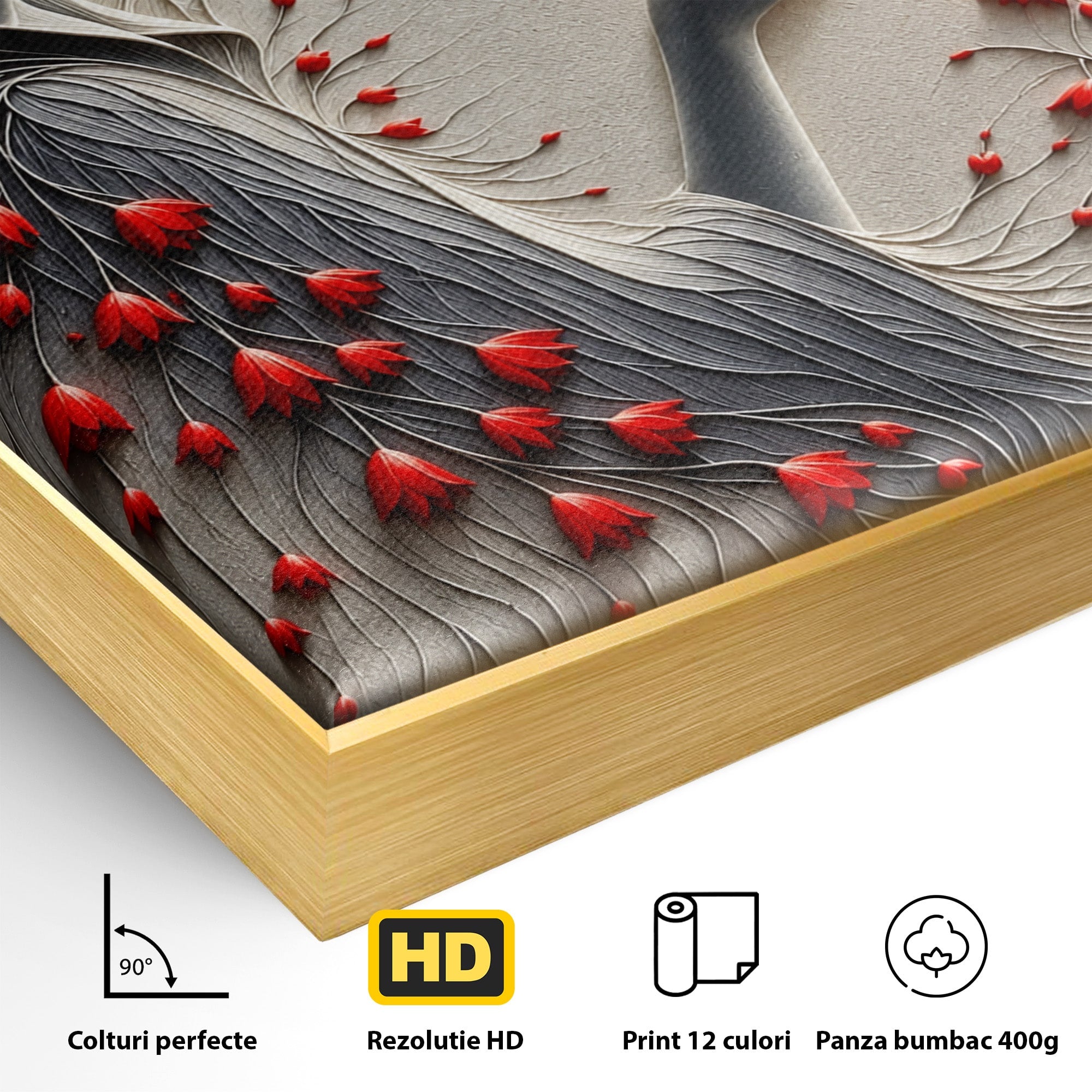 Tablou Canvas Premium LuxCanva® U1222, Misterul Florilor Rosii, Femeie, Flori, Soare, Mister, Living, Culori Vibrante