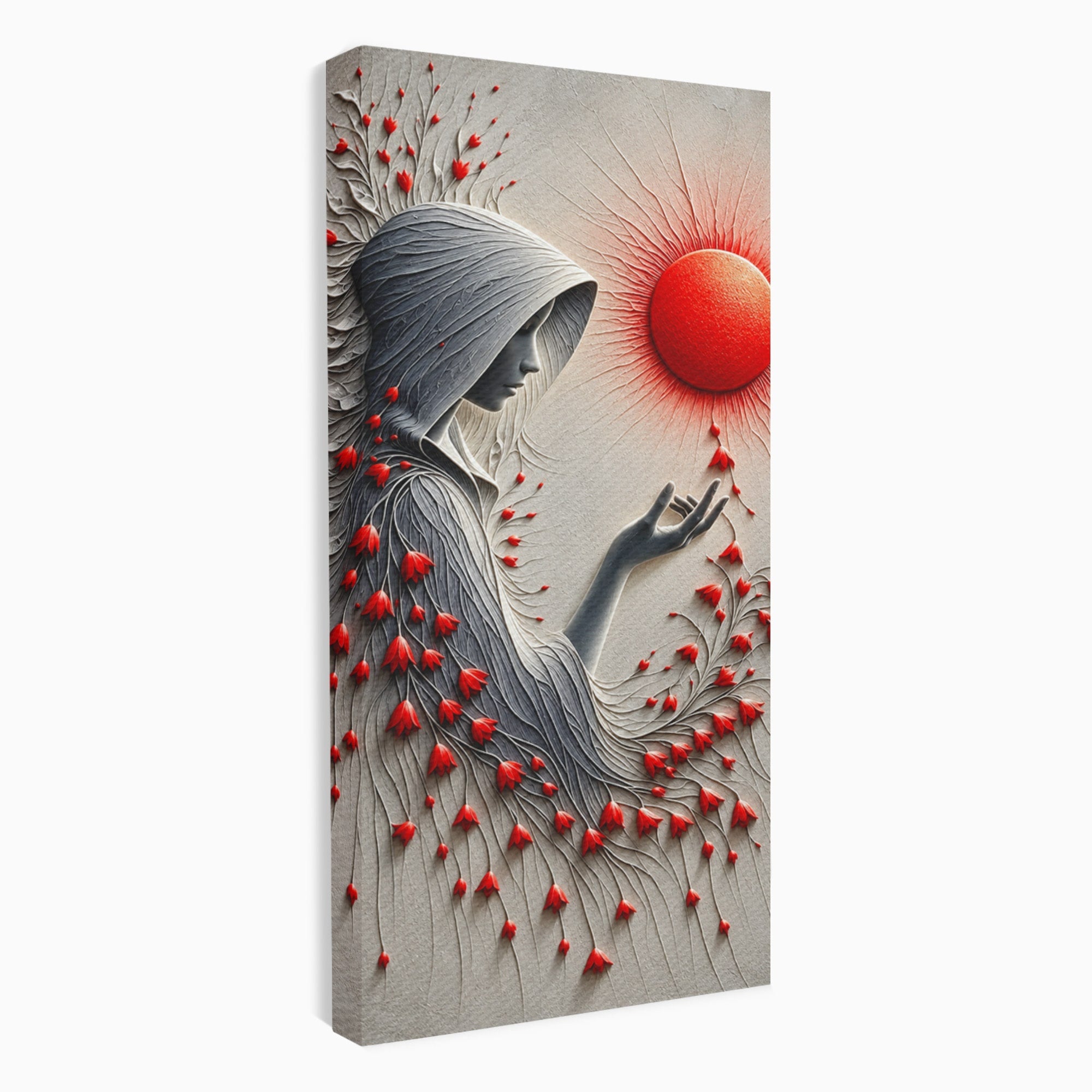 Tablou Canvas Premium LuxCanva® U1222, Misterul Florilor Rosii, Femeie, Flori, Soare, Mister, Living, Culori Vibrante