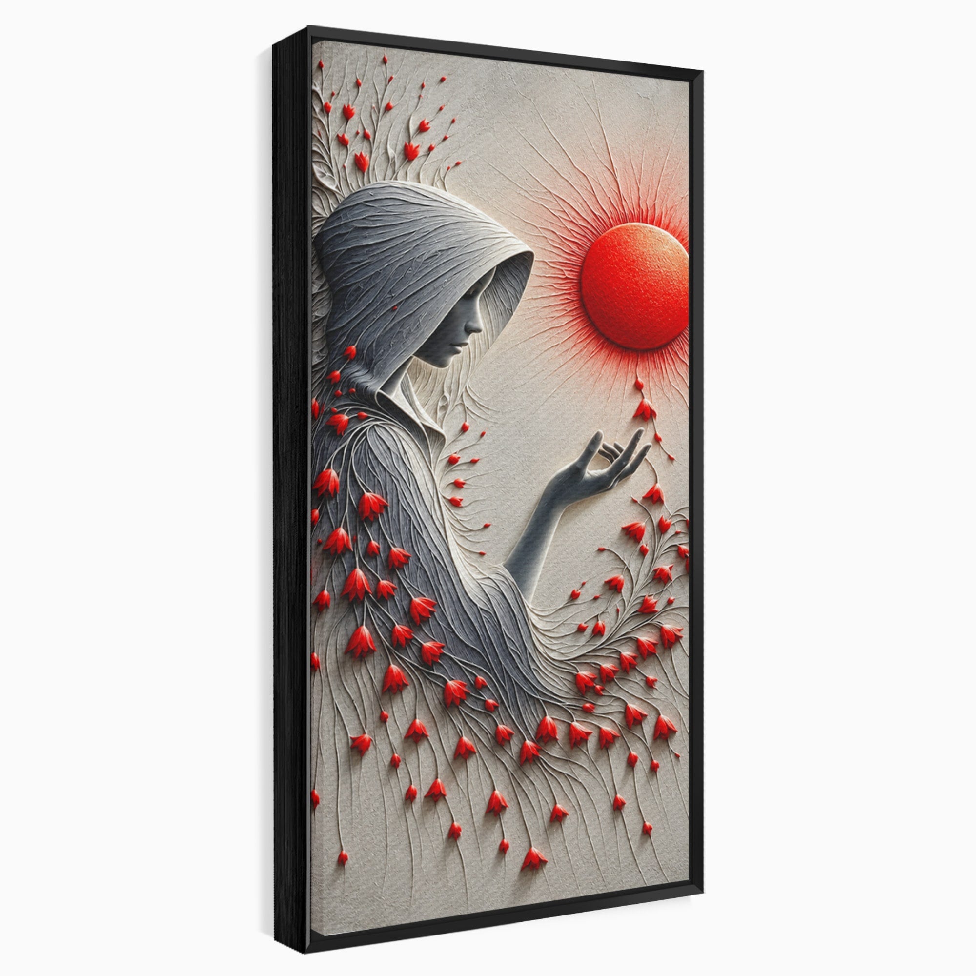 Tablou Canvas Premium LuxCanva® U1222, Misterul Florilor Rosii, Femeie, Flori, Soare, Mister, Living, Culori Vibrante