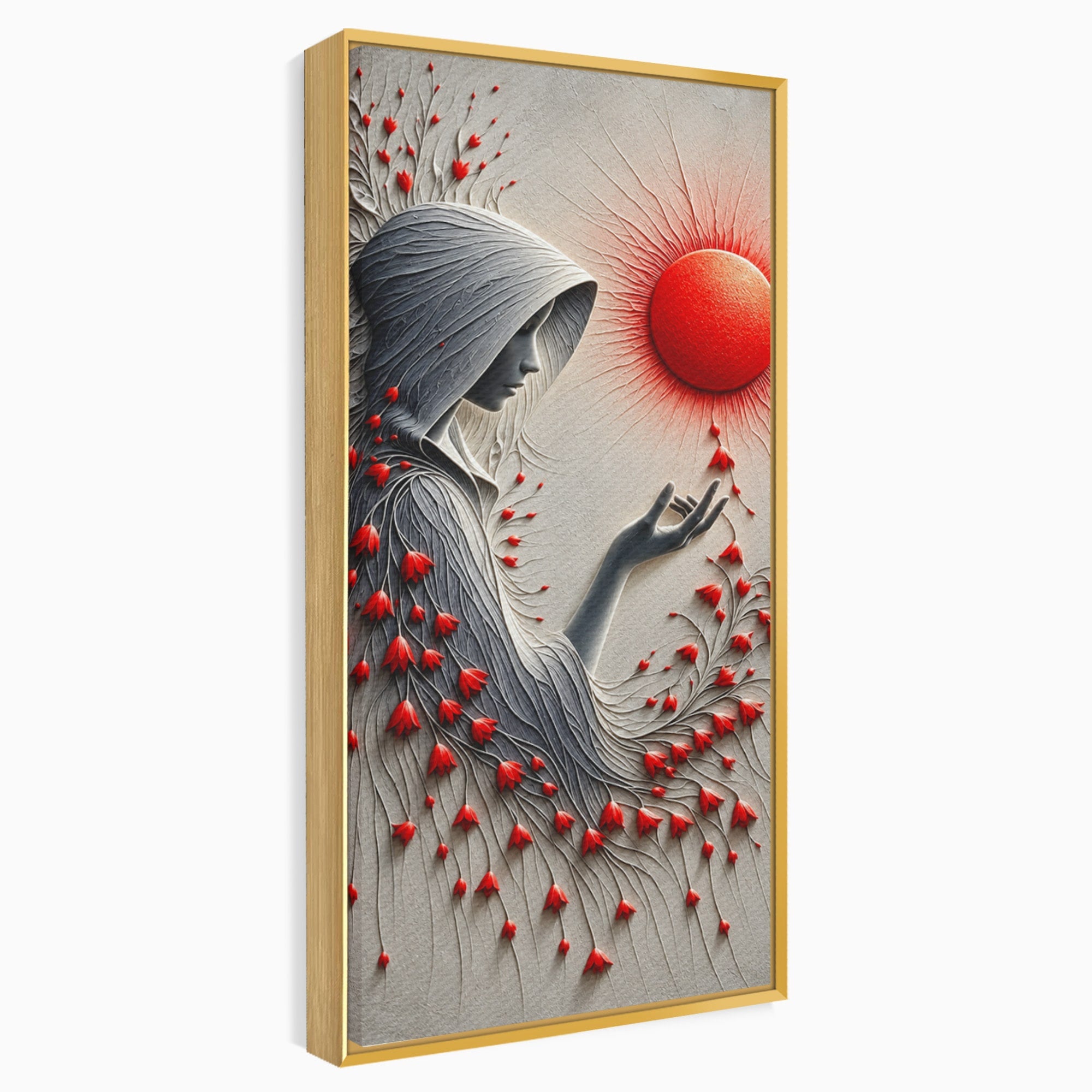 Tablou Canvas Premium LuxCanva® U1222, Misterul Florilor Rosii, Femeie, Flori, Soare, Mister, Living, Culori Vibrante