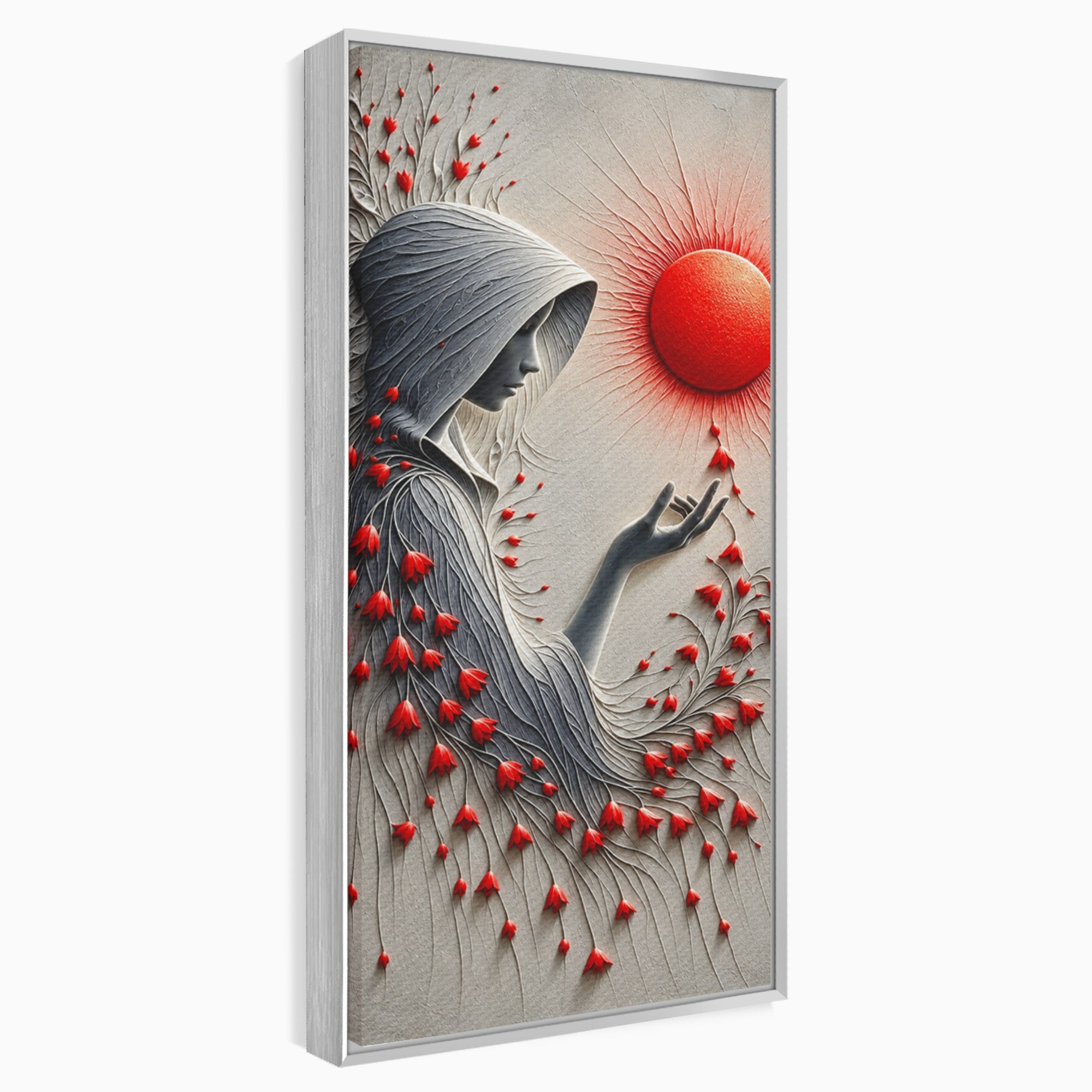 Tablou Canvas Premium LuxCanva® U1222, Misterul Florilor Rosii, Femeie, Flori, Soare, Mister, Living, Culori Vibrante