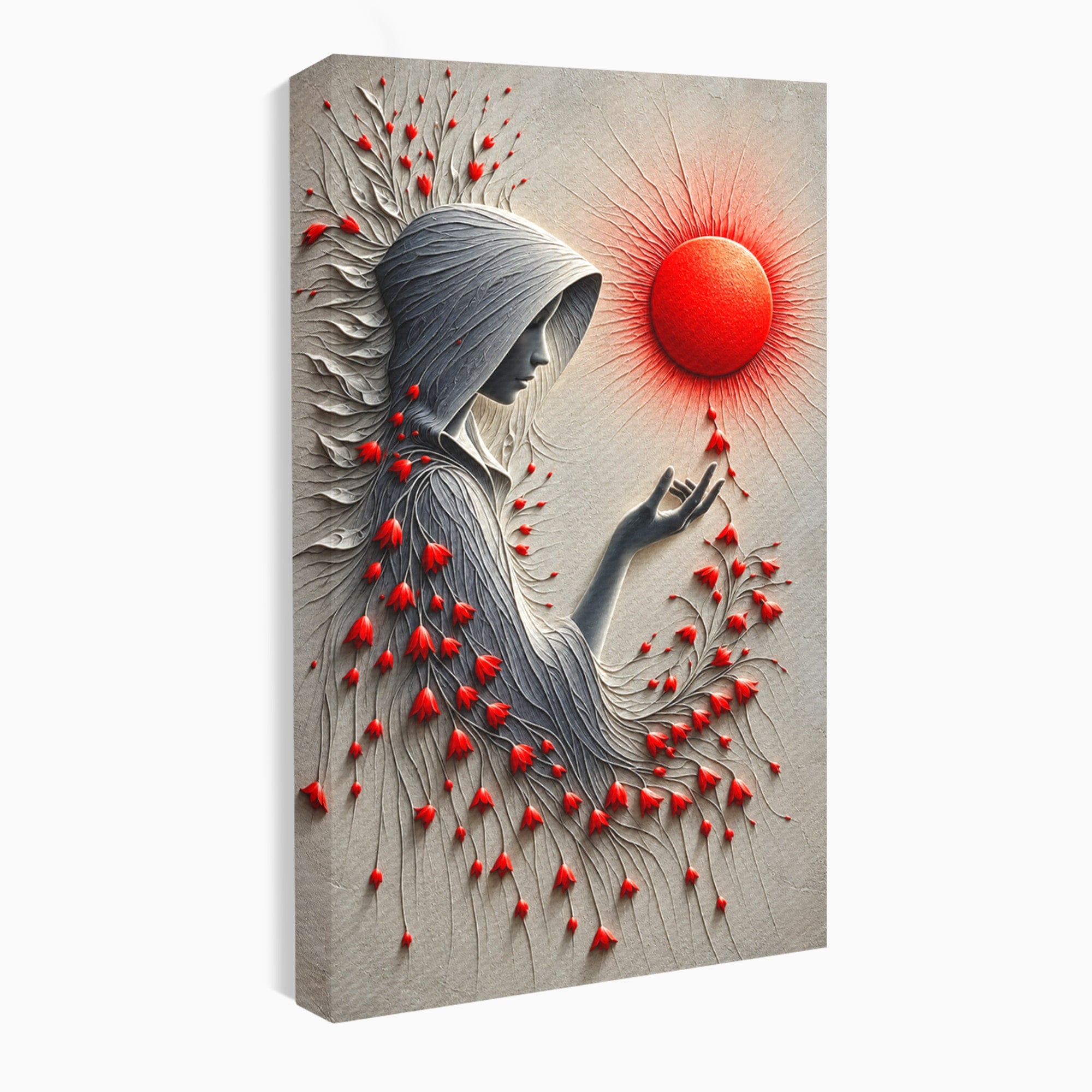 Tablou Canvas Premium LuxCanva® U1222, Misterul Florilor Rosii, Femeie, Flori, Soare, Mister, Living, Culori Vibrante