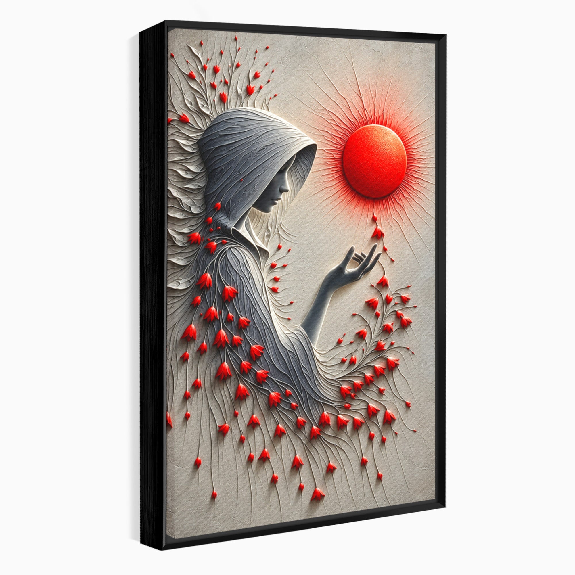 Tablou Canvas Premium LuxCanva® U1222, Misterul Florilor Rosii, Femeie, Flori, Soare, Mister, Living, Culori Vibrante
