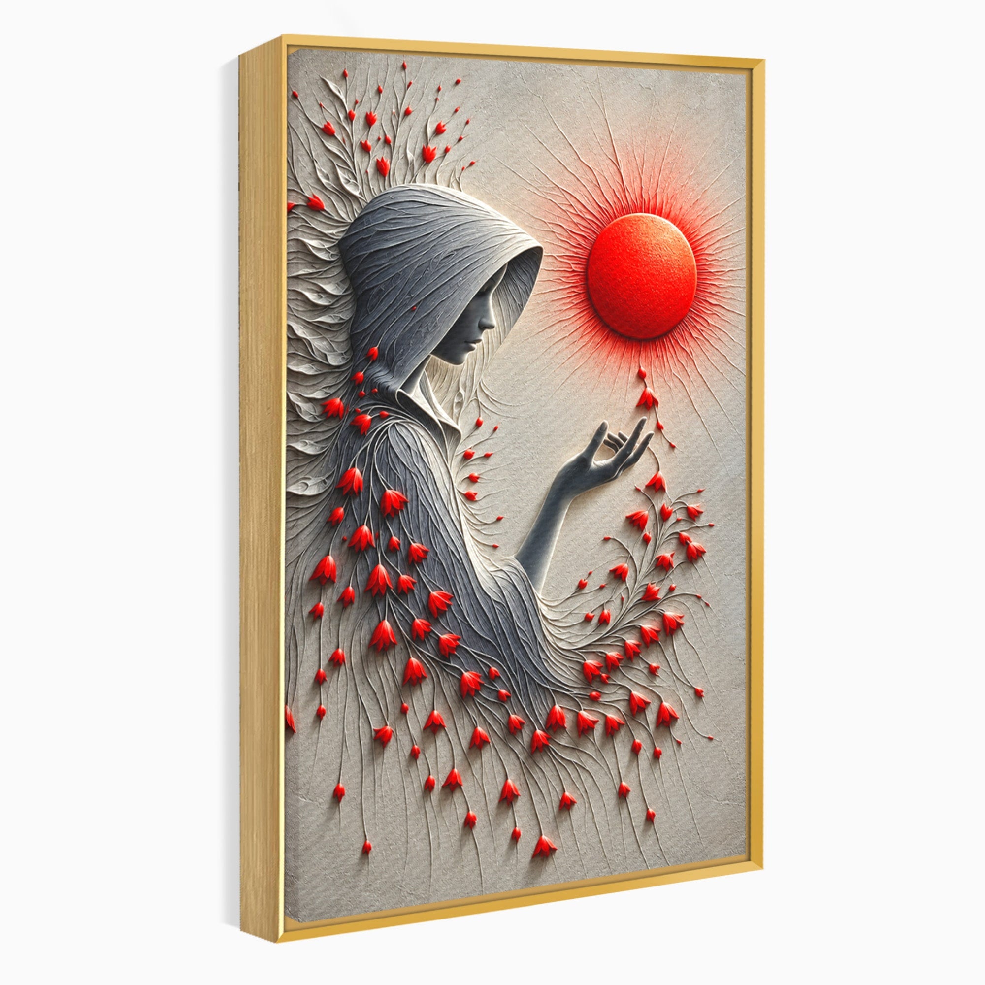 Tablou Canvas Premium LuxCanva® U1222, Misterul Florilor Rosii, Femeie, Flori, Soare, Mister, Living, Culori Vibrante