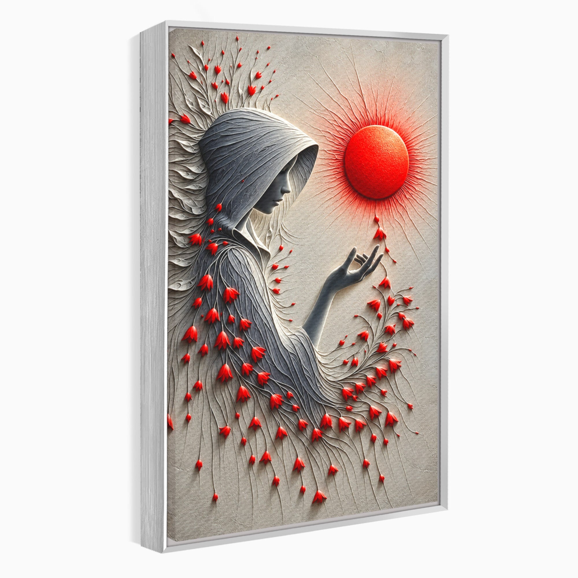 Tablou Canvas Premium LuxCanva® U1222, Misterul Florilor Rosii, Femeie, Flori, Soare, Mister, Living, Culori Vibrante