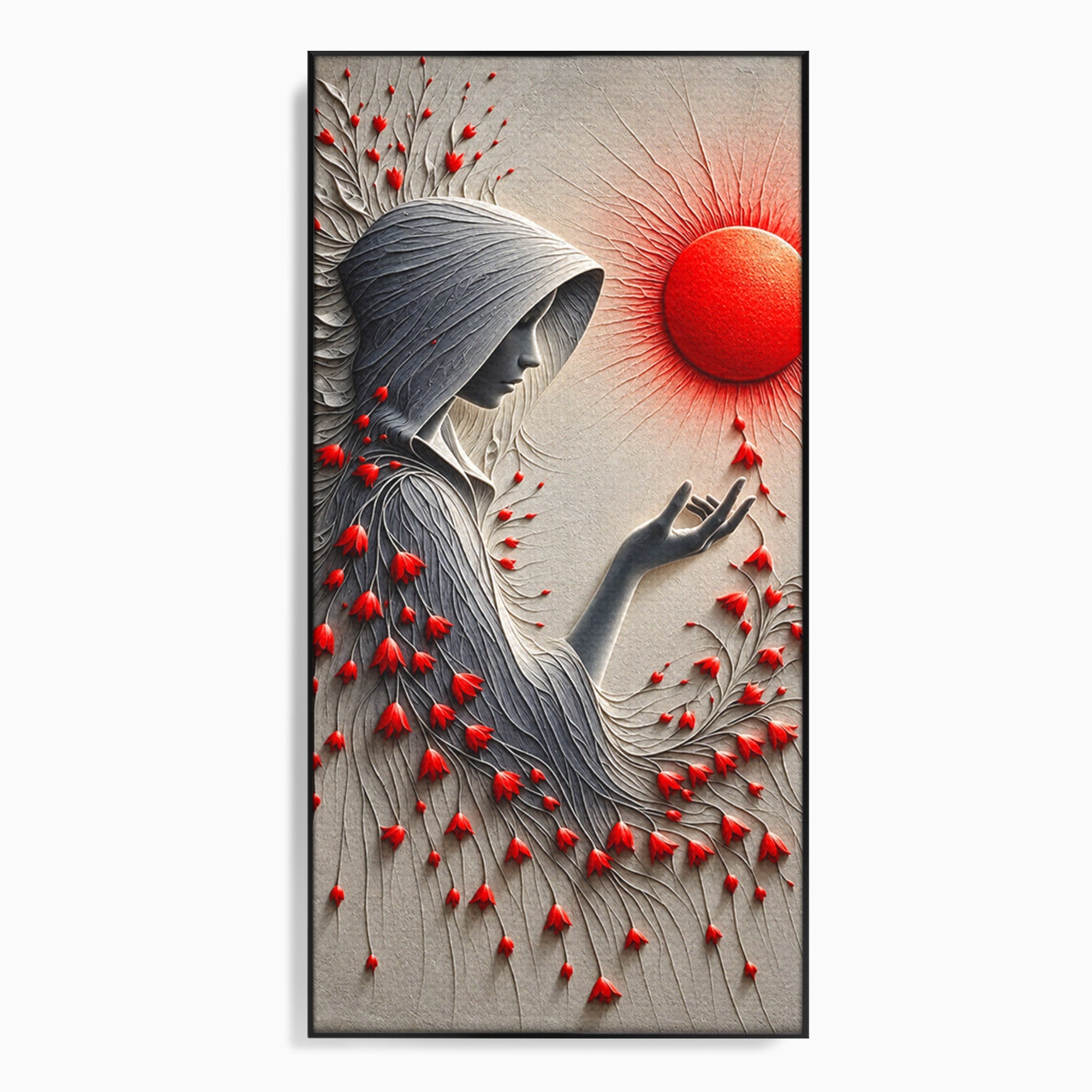 Tablou Canvas Premium LuxCanva® U1222, Misterul Florilor Rosii, Femeie, Flori, Soare, Mister, Living, Culori Vibrante