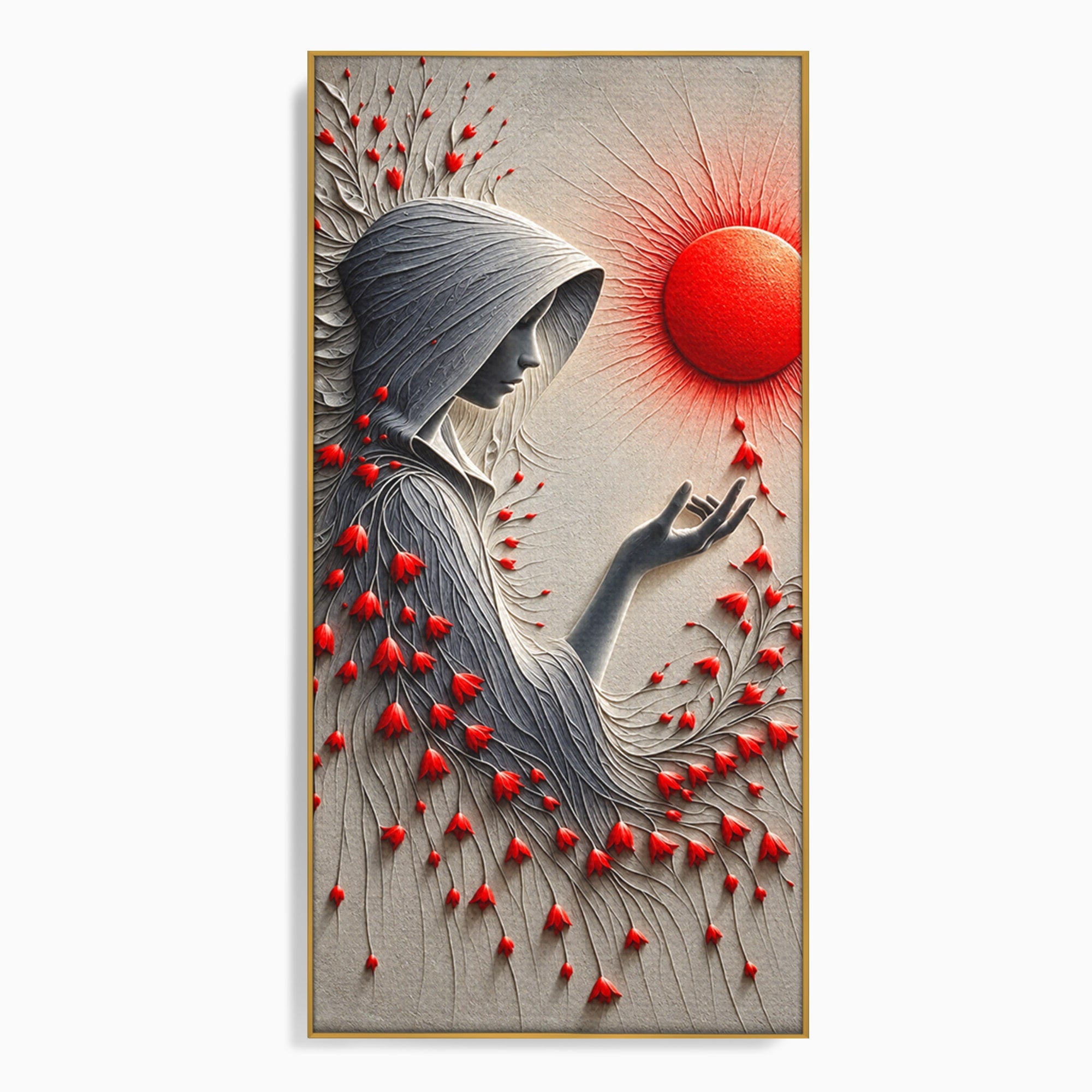 Tablou Canvas Premium LuxCanva® U1222, Misterul Florilor Rosii, Femeie, Flori, Soare, Mister, Living, Culori Vibrante