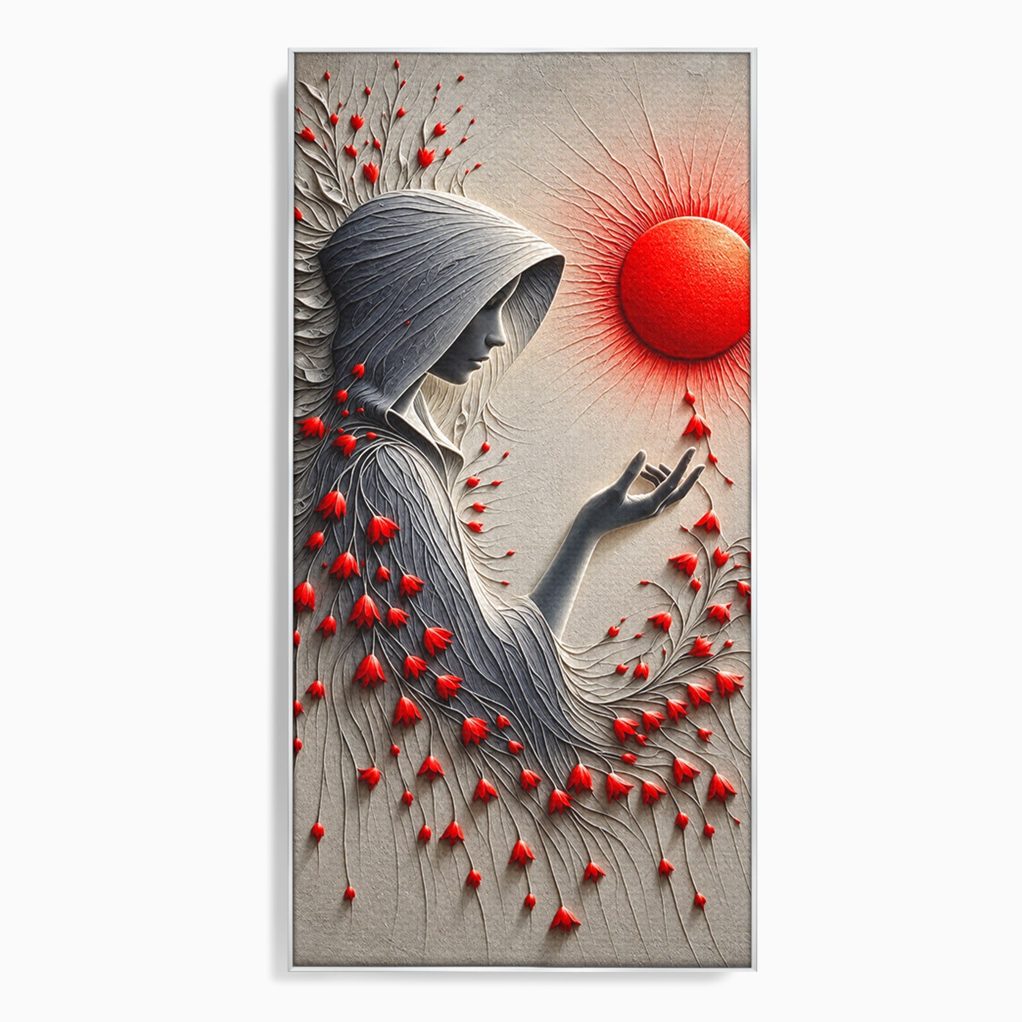 Tablou Canvas Premium LuxCanva® U1222, Misterul Florilor Rosii, Femeie, Flori, Soare, Mister, Living, Culori Vibrante