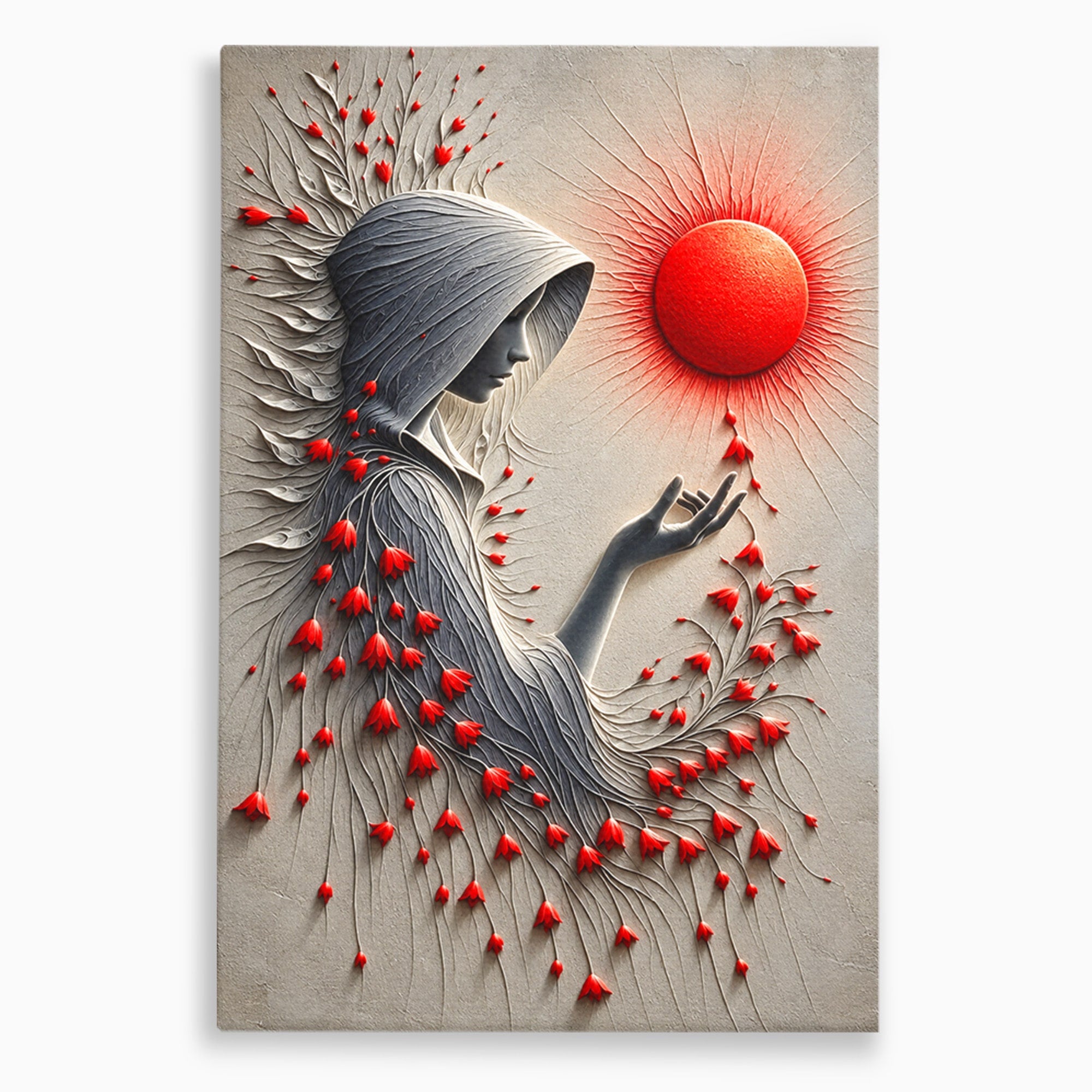 Tablou Canvas Premium LuxCanva® U1222, Misterul Florilor Rosii, Femeie, Flori, Soare, Mister, Living, Culori Vibrante