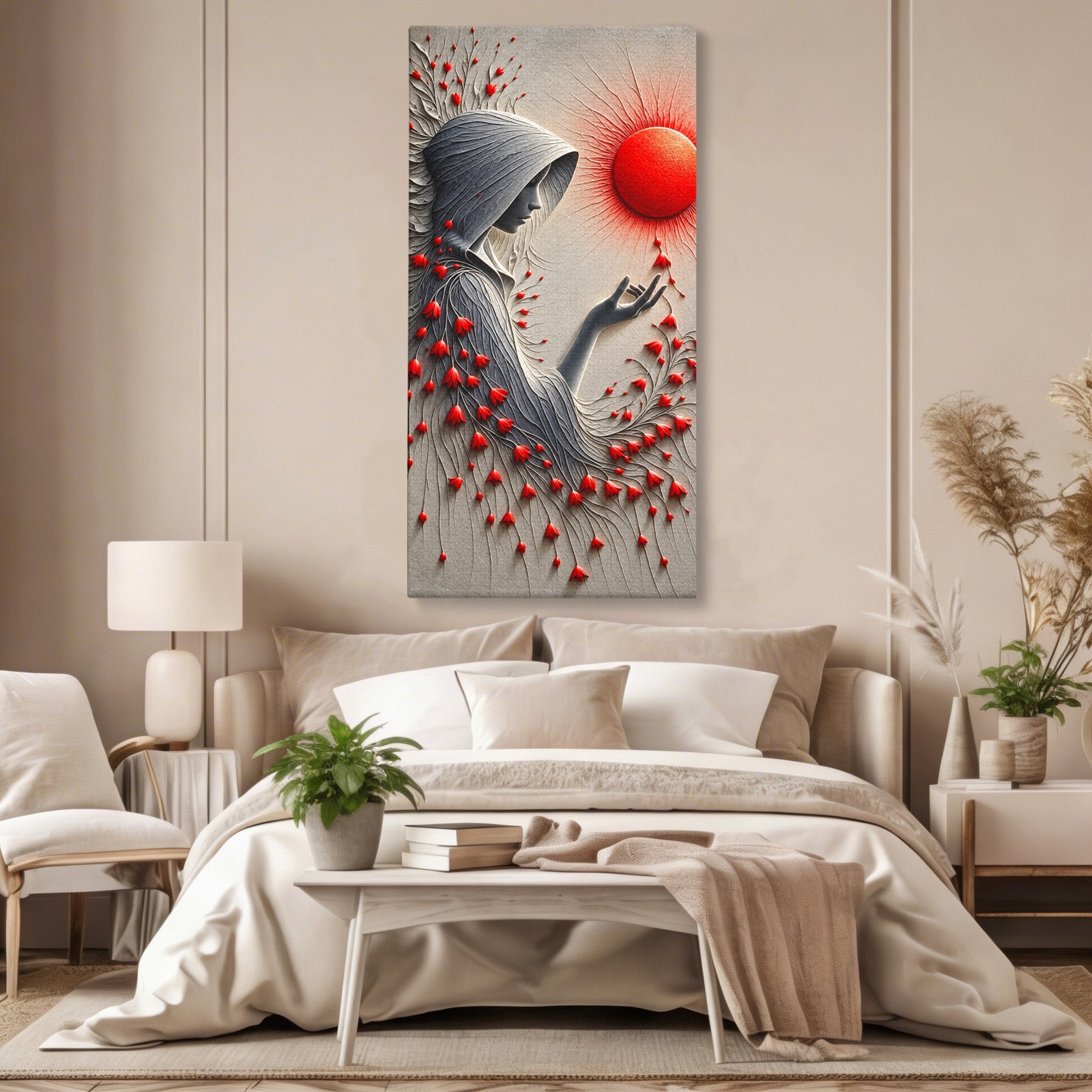 Tablou Canvas Premium LuxCanva® U1222, Misterul Florilor Rosii, Femeie, Flori, Soare, Mister, Living, Culori Vibrante