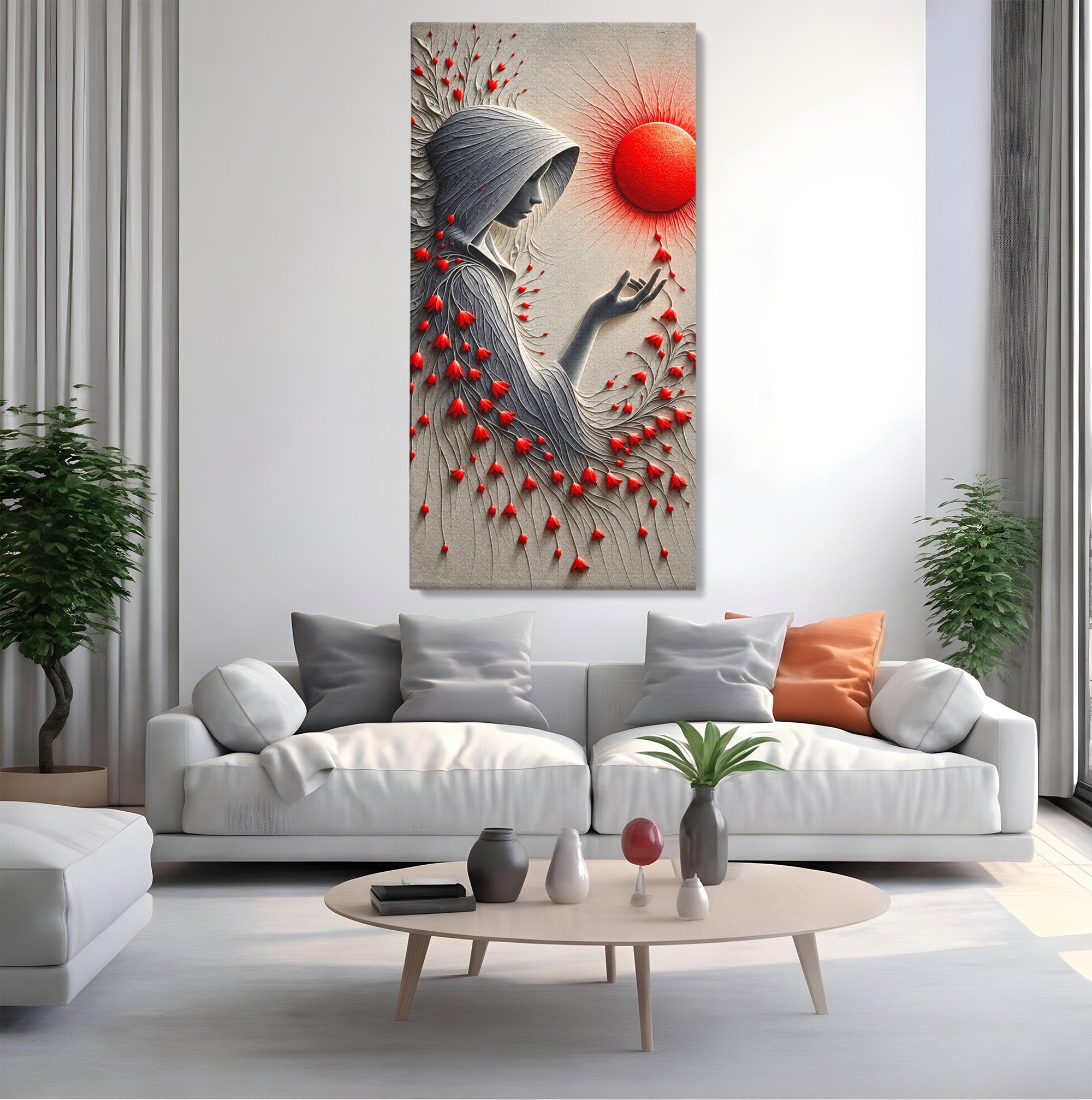 Tablou Canvas Premium LuxCanva® U1222, Misterul Florilor Rosii, Femeie, Flori, Soare, Mister, Living, Culori Vibrante