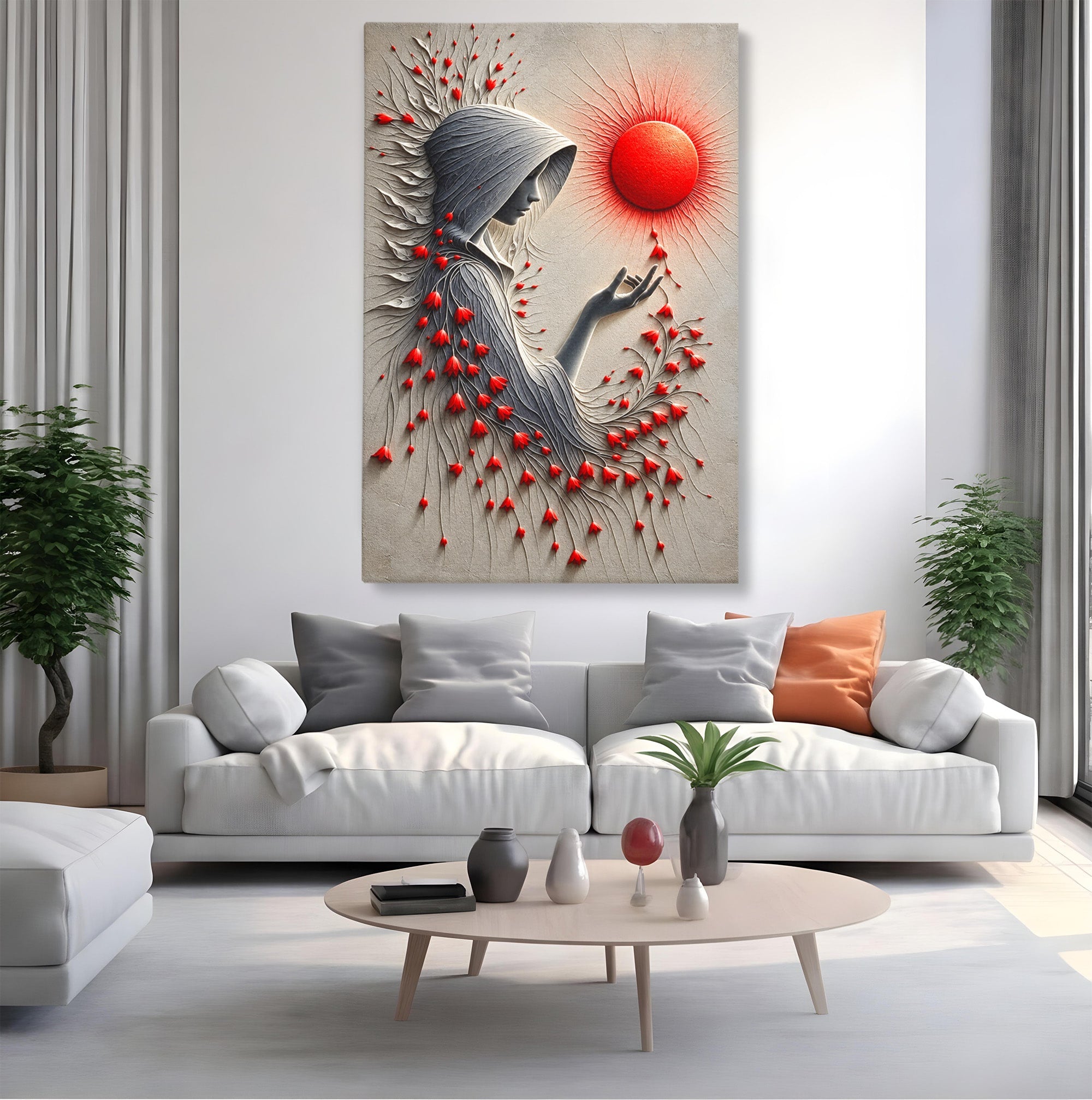 Tablou Canvas Premium LuxCanva® U1222, Misterul Florilor Rosii, Femeie, Flori, Soare, Mister, Living, Culori Vibrante