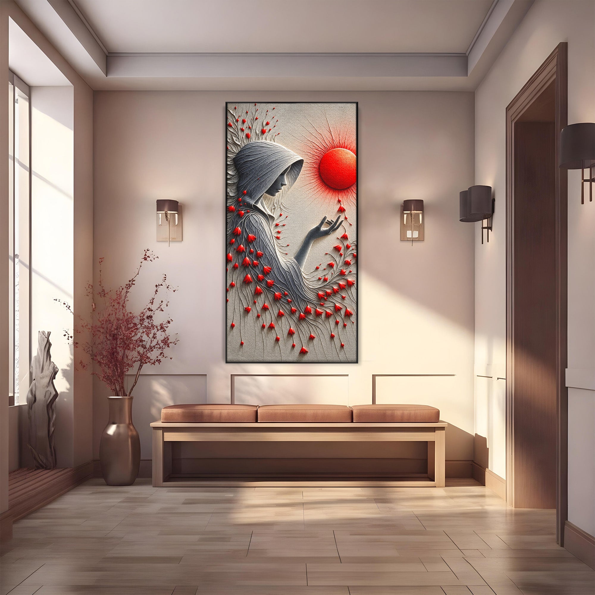 Tablou Canvas Premium LuxCanva® U1222, Misterul Florilor Rosii, Femeie, Flori, Soare, Mister, Living, Culori Vibrante