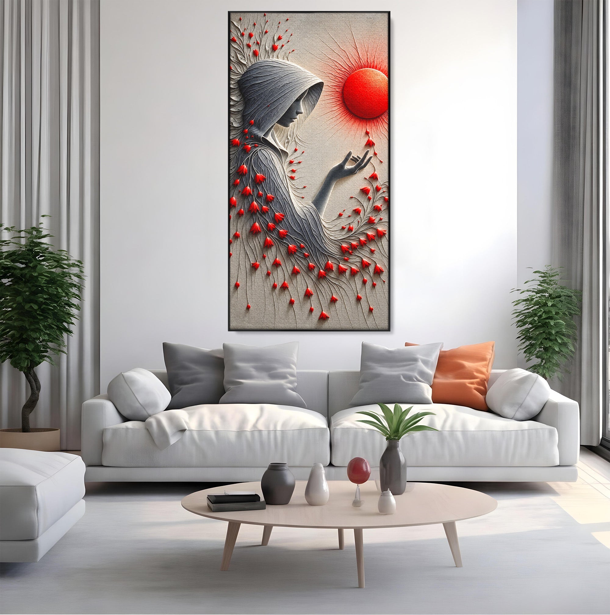 Tablou Canvas Premium LuxCanva® U1222, Misterul Florilor Rosii, Femeie, Flori, Soare, Mister, Living, Culori Vibrante
