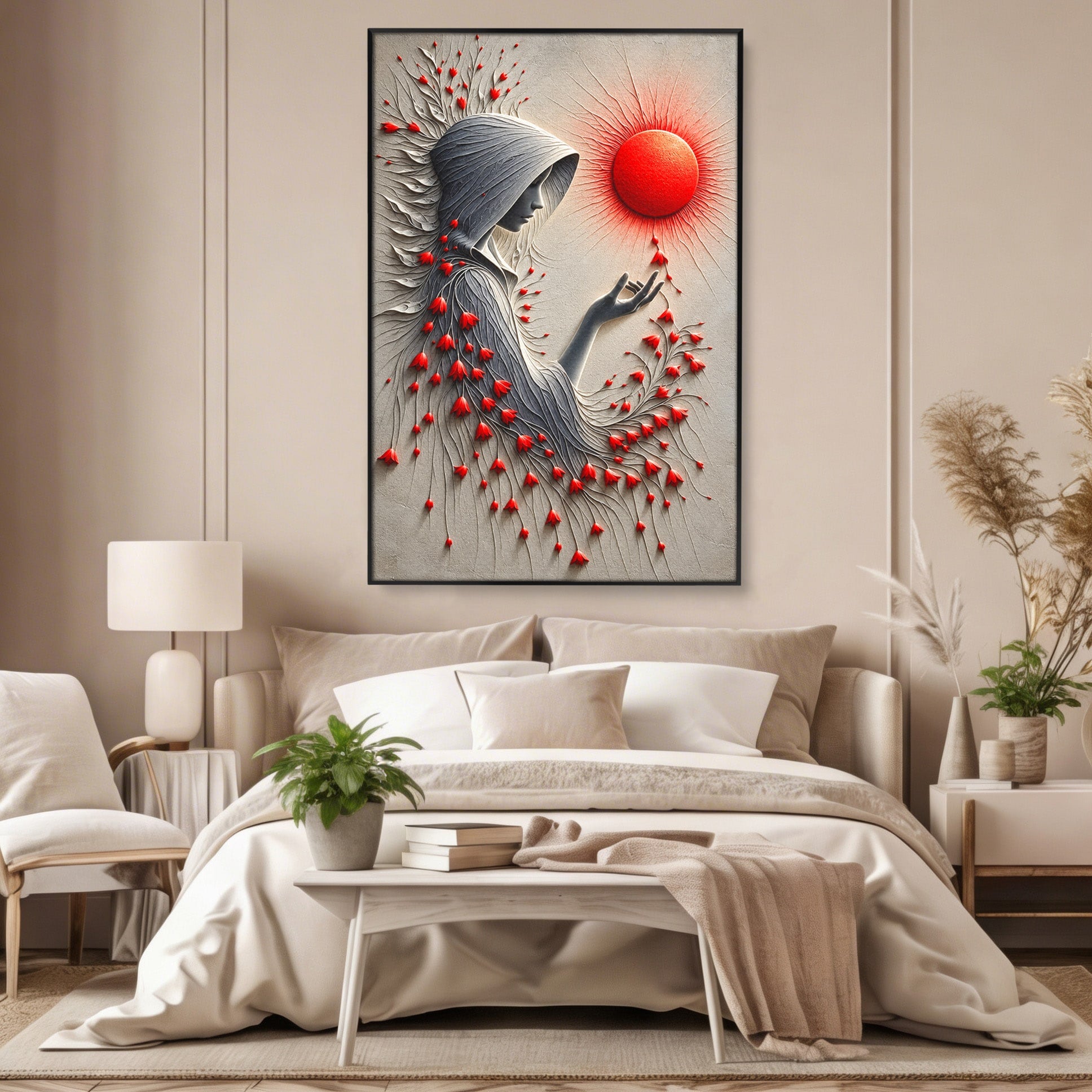 Tablou Canvas Premium LuxCanva® U1222, Misterul Florilor Rosii, Femeie, Flori, Soare, Mister, Living, Culori Vibrante
