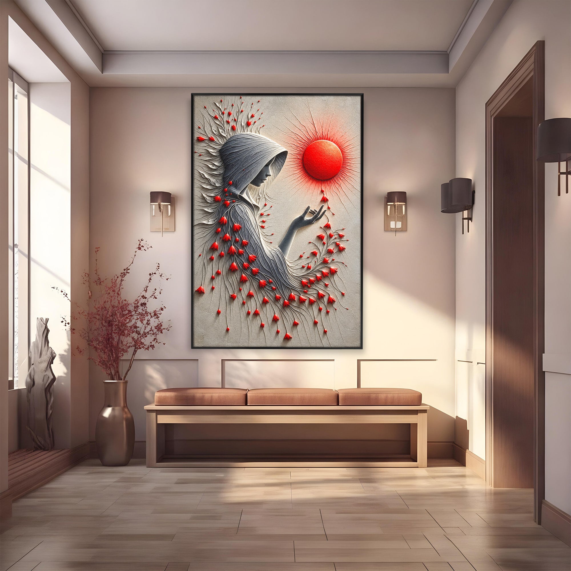 Tablou Canvas Premium LuxCanva® U1222, Misterul Florilor Rosii, Femeie, Flori, Soare, Mister, Living, Culori Vibrante